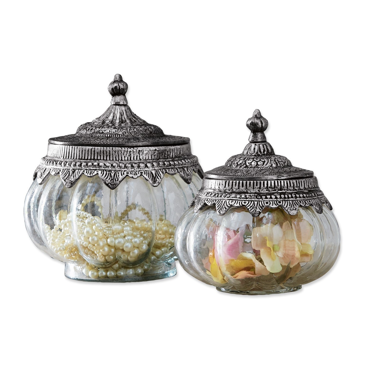 Lot de 2 bonbonnières en verre Madelon Ensemble de deux bocaux en verre avec couvercles métalliques décoratifs style vintage