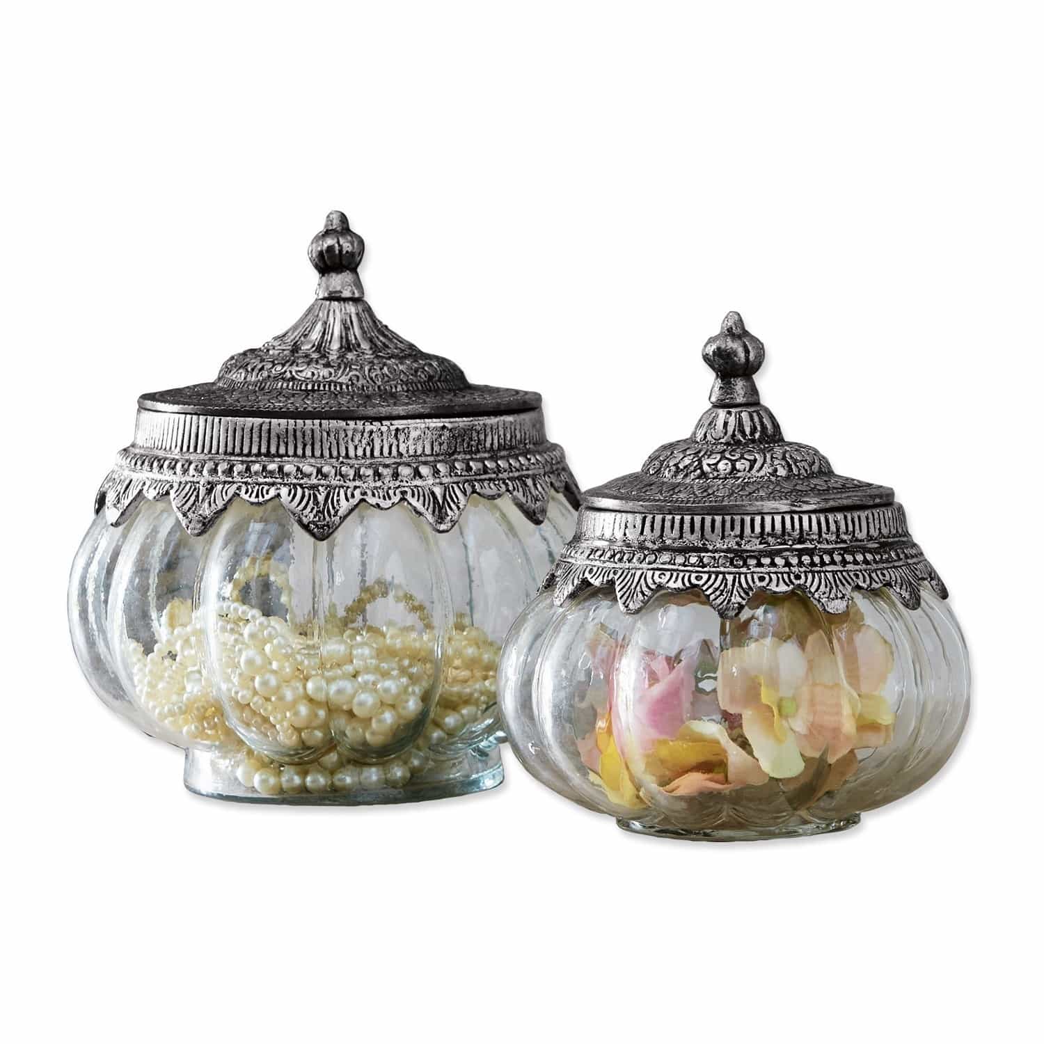 Lot de 2 bonbonnières en verre Madelon Ensemble de deux bocaux en verre avec couvercles métalliques décoratifs style vintage
