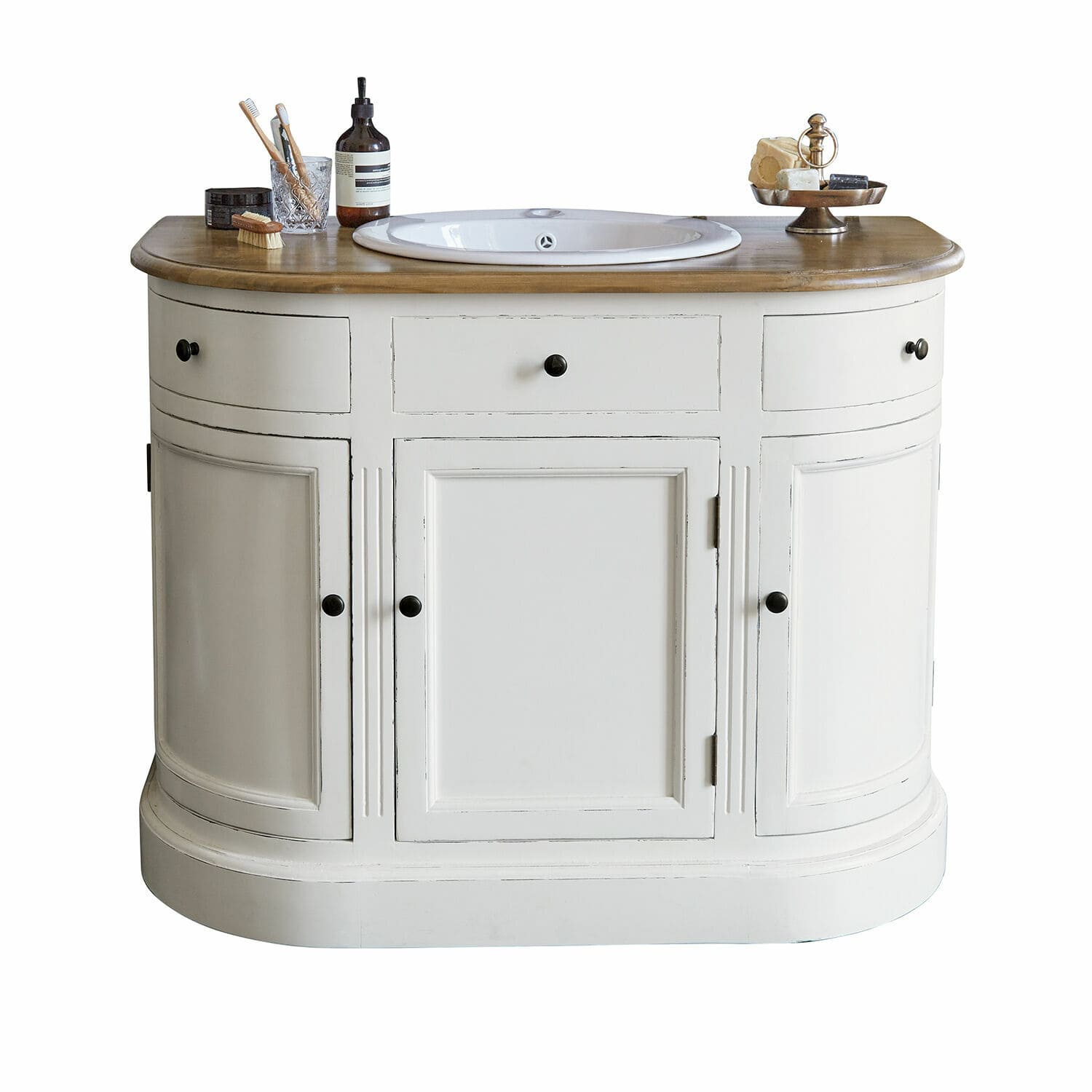 Meuble et vasque Louisiana Meuble de salle de bain blanc en bois avec lavabo et plan en bois naturel, style vintage