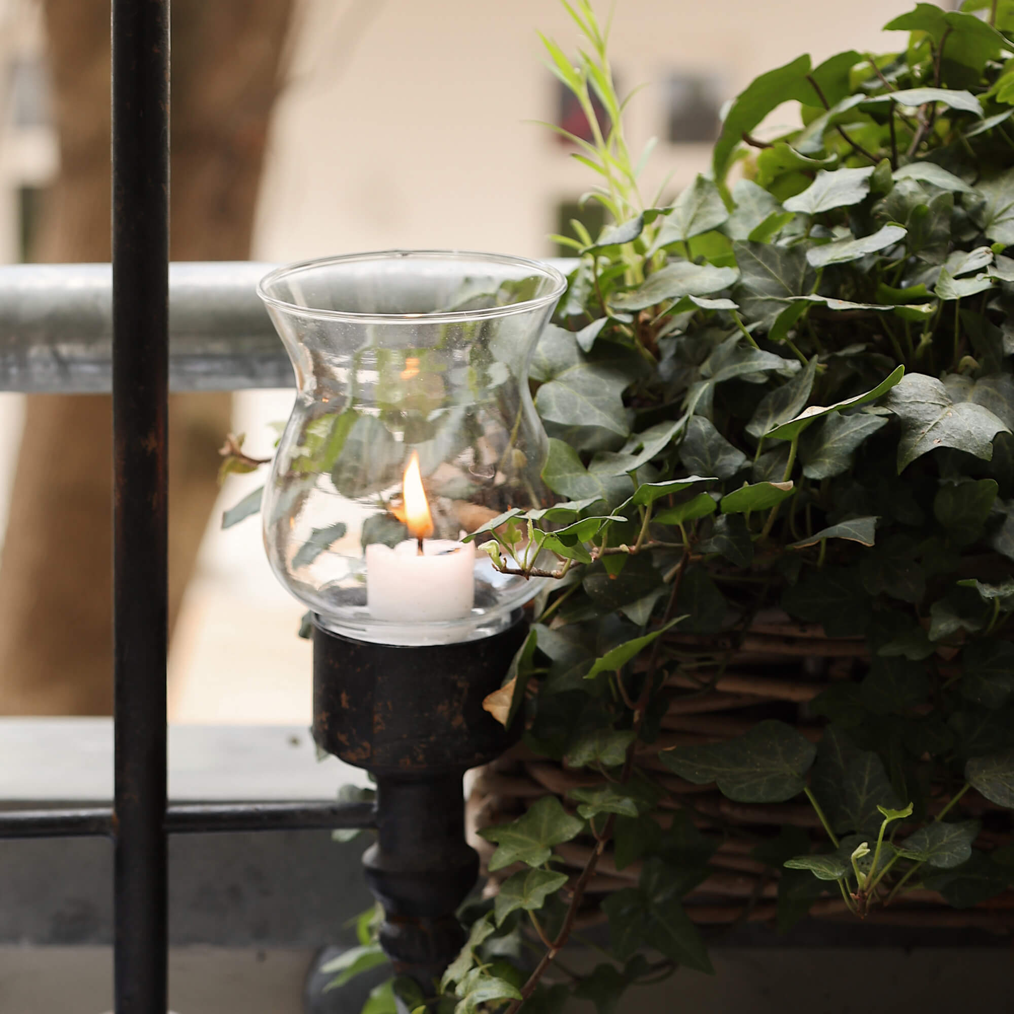 Lanterne en verre avec bougie allumée sur support en métal près de lierre vert sur balcon
