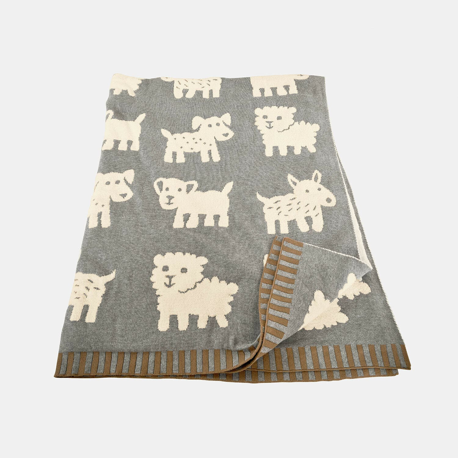 Couverture pour chien Fluffido Plaid gris avec motifs d'animaux blancs et bordure marron, tissu doux, décoration pour chambre d'enfant