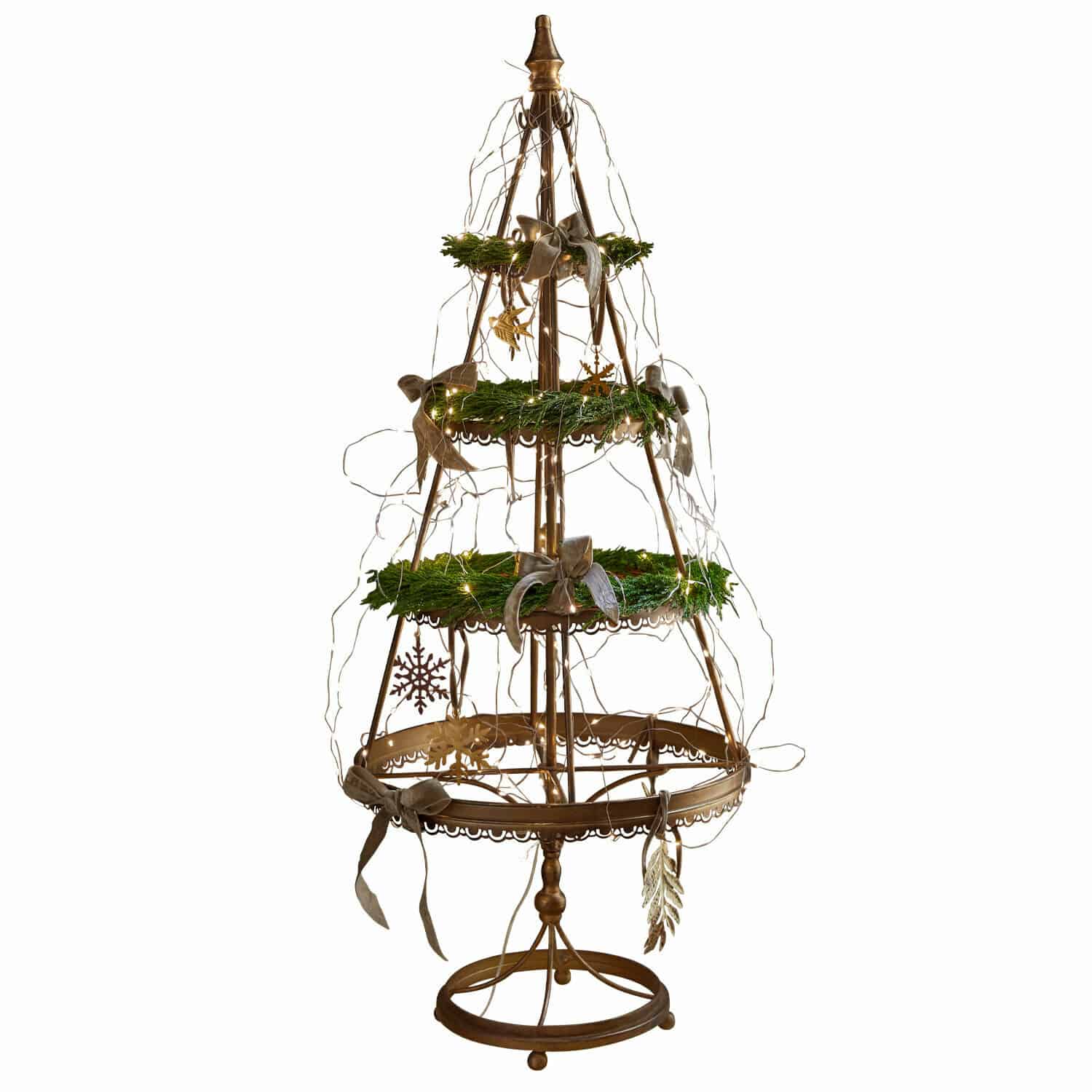 Arbre décoratif Yolivine Décoration de Noël en métal en forme de sapin avec couronnes vertes et guirlandes lumineuses LED