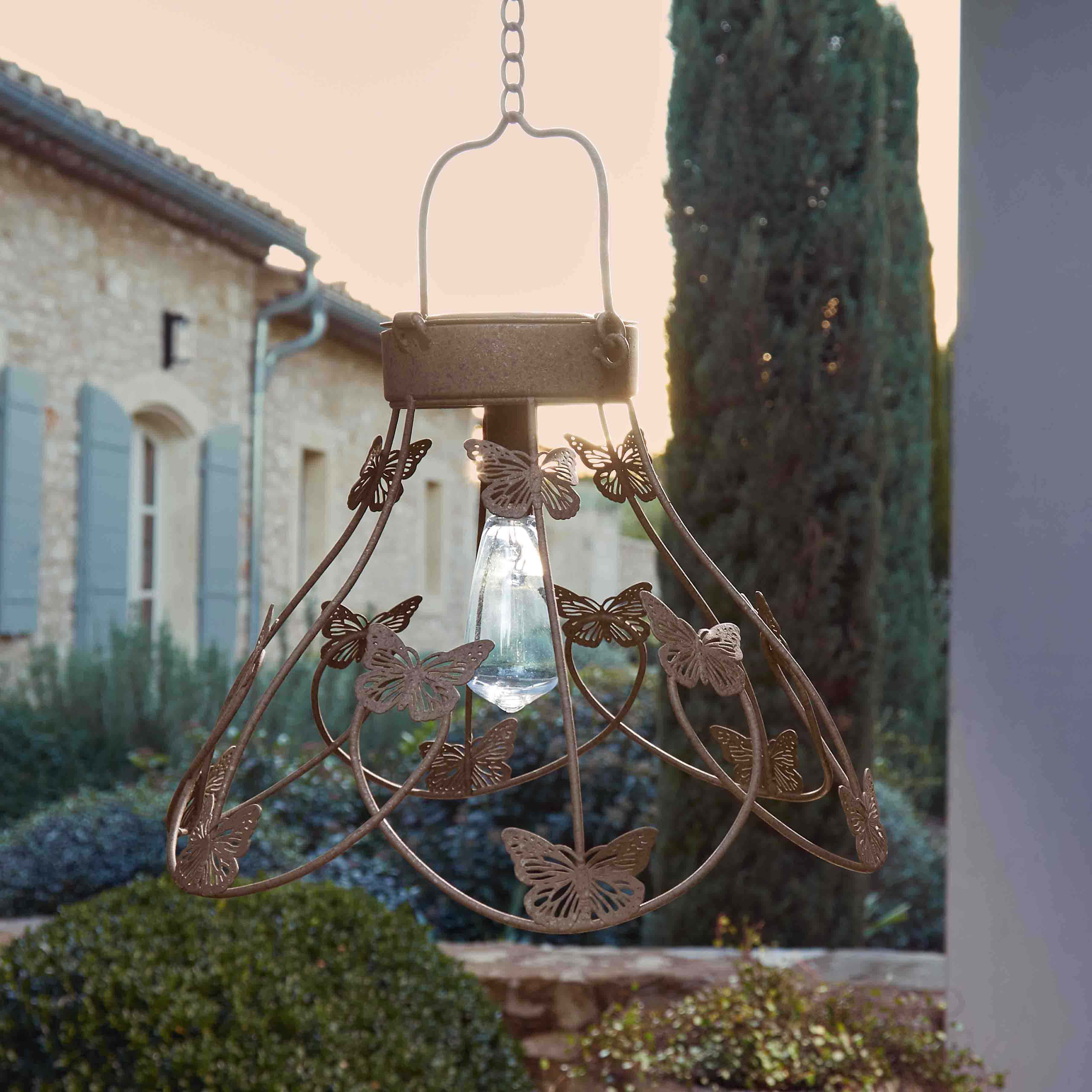 Lanterne suspendue en métal rouillé avec papillons, lampe décorative extérieure avec ampoule LED
