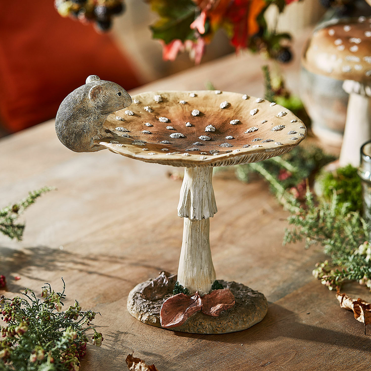 Champignon décoratif Isolise Coupe décorative en forme de champignon avec souris en céramique aux couleurs naturelles, décoration de table