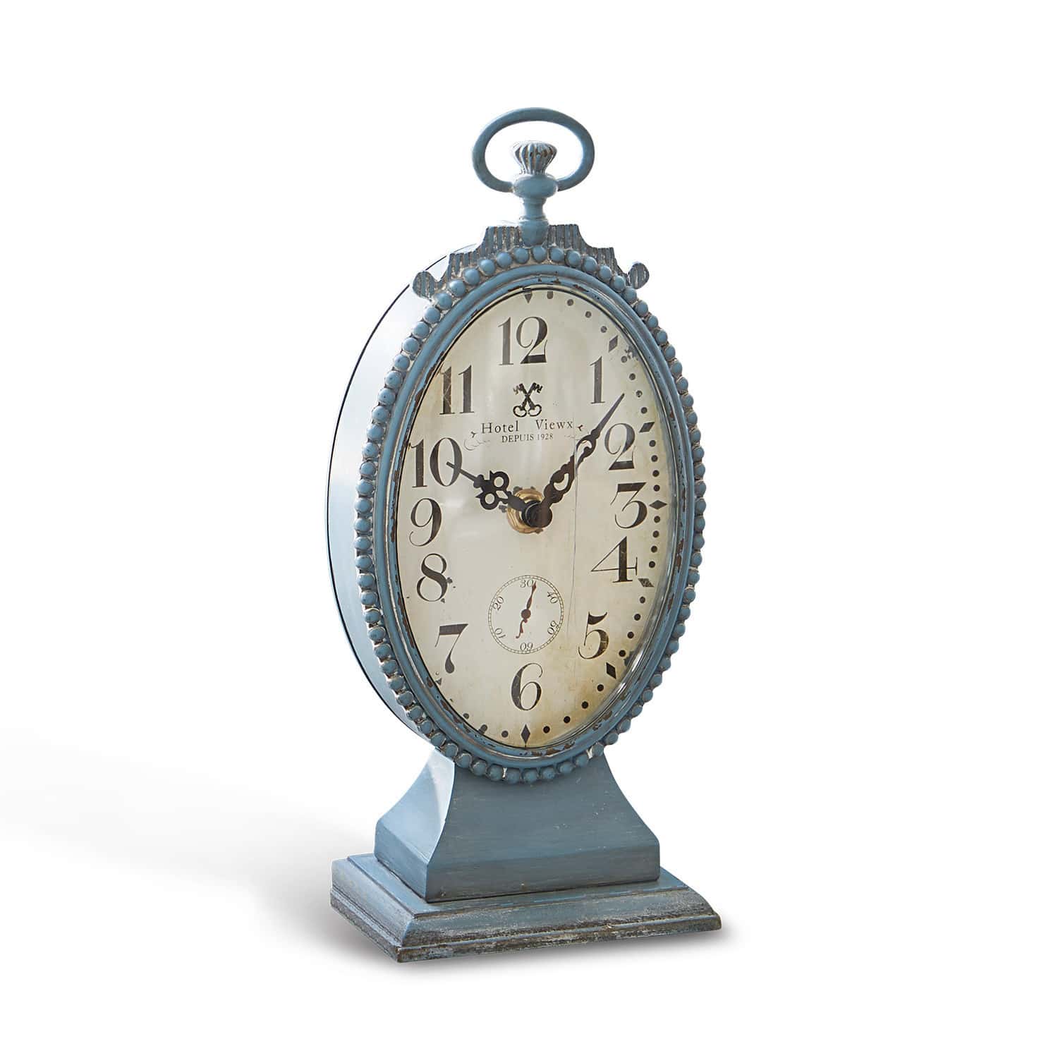 Horloge Michelet Horloge de table ovale en métal bleu avec cadran ancien et chiffres arabes décoratifs