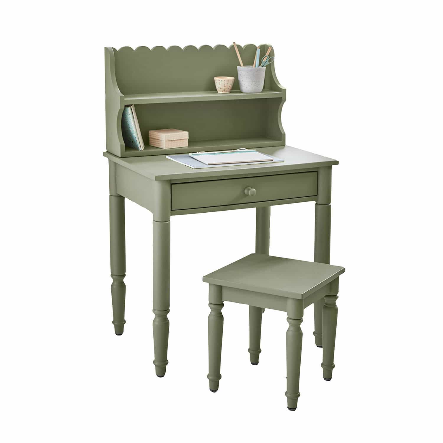 Bureau Kystlund Bureau vert en bois avec étagères et tabouret, meuble fonctionnel pour la maison ou le bureau