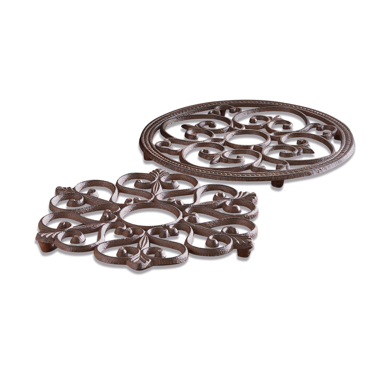 Lot de 2 dessous de plats Gratton Ensemble de deux dessous de plat en fer forgé brun avec motif décoratif, protège-surfaces pratique