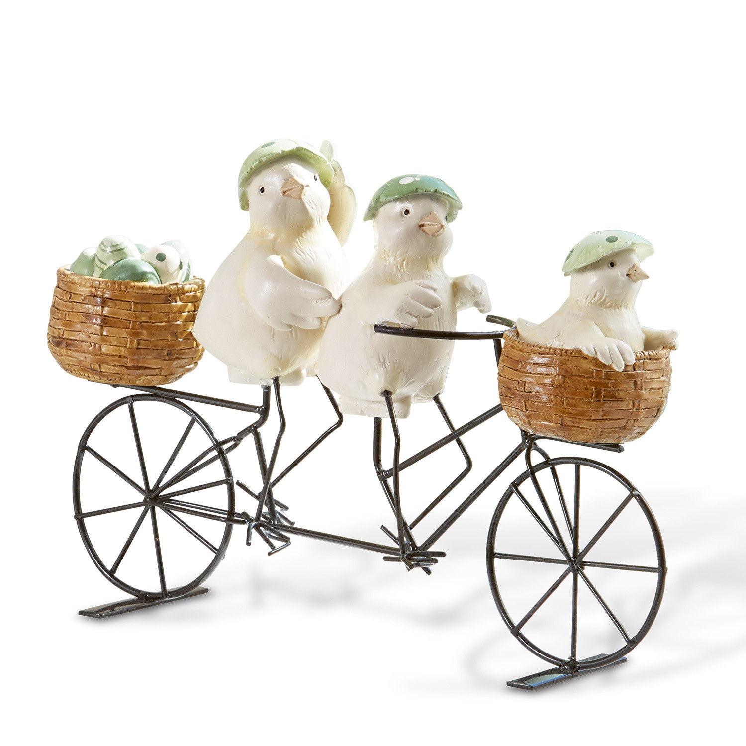 Poussins décoratifs Family Tour Décoration en métal et céramique avec trois oiseaux blancs sur un vélo, casques verts et paniers tressés