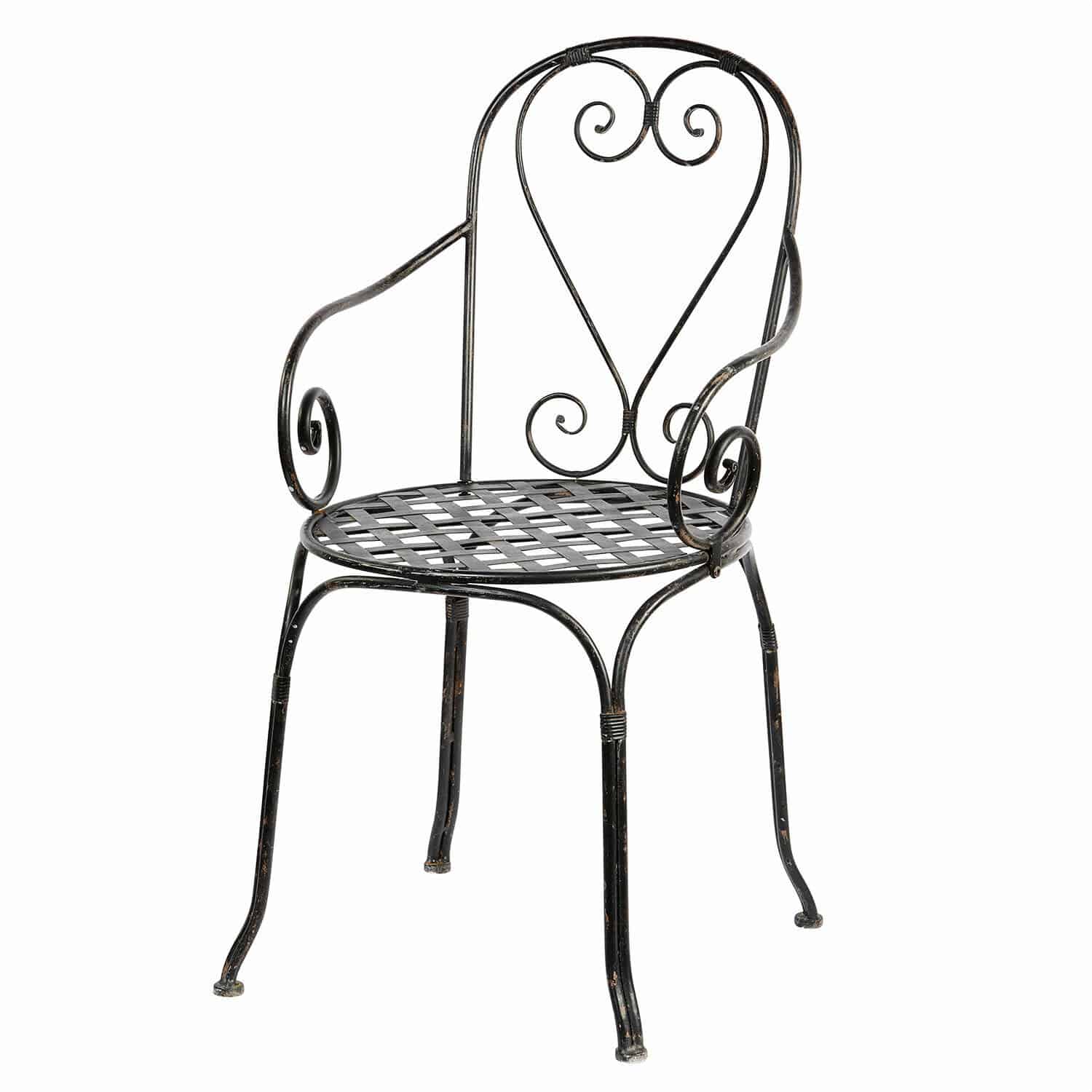Chaise Aube Fauteuil de jardin en métal noir avec assise ajourée et décorations en spirale, mobilier en métal