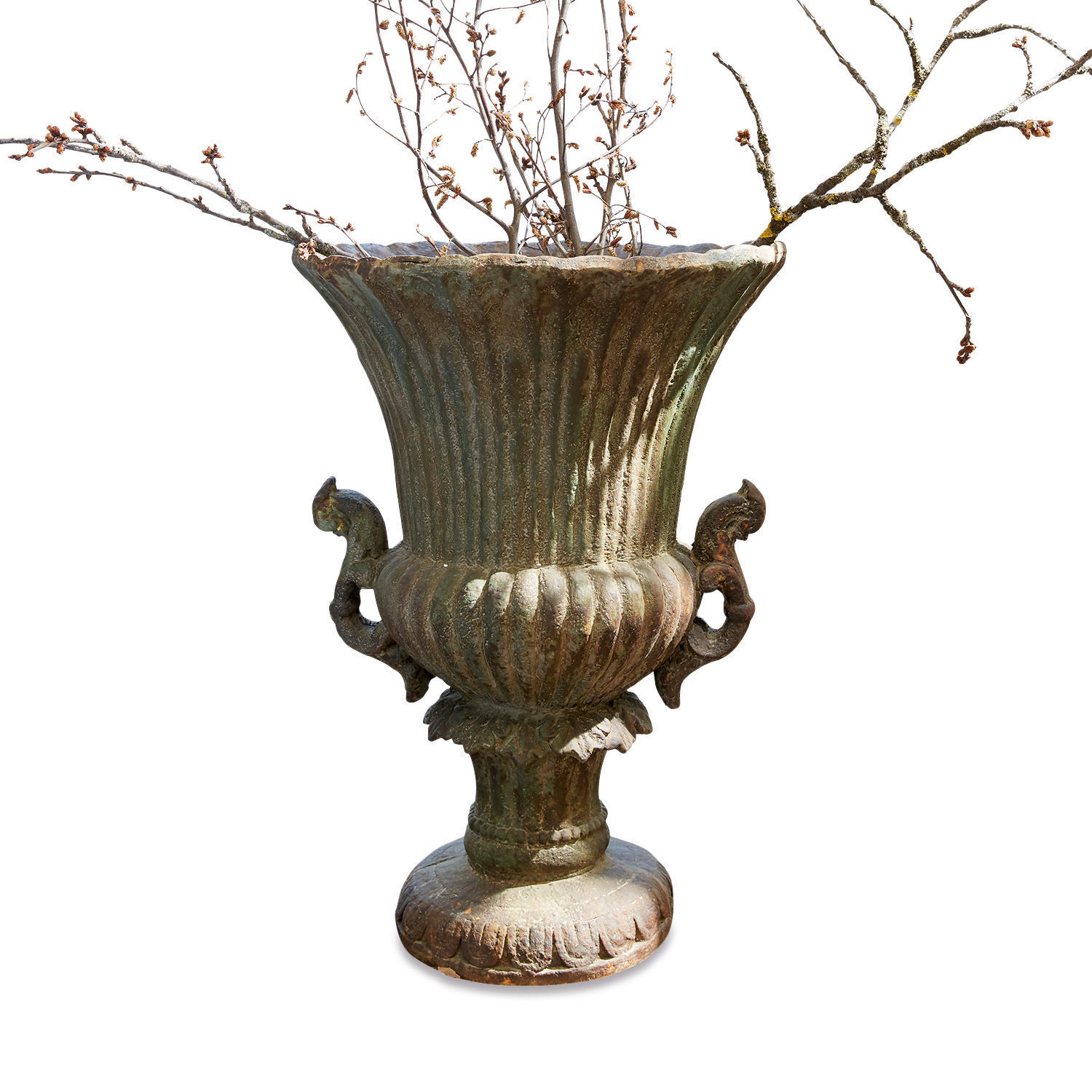Amphore Estefanie Grand vase décoratif en métal vert patiné avec branches décoratives pour intérieur ou jardin