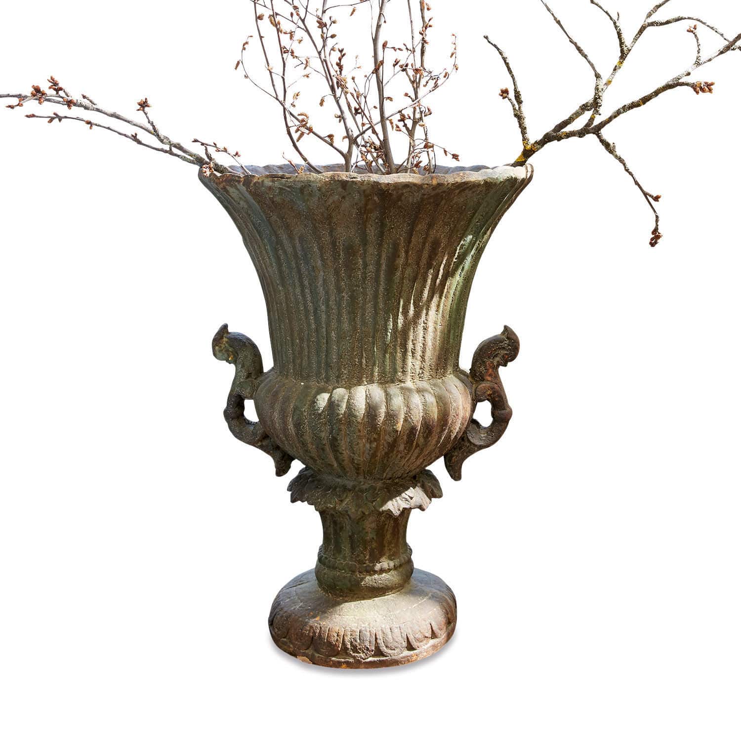 Amphore Estefanie Grand vase décoratif en métal vert patiné avec branches décoratives pour intérieur ou jardin