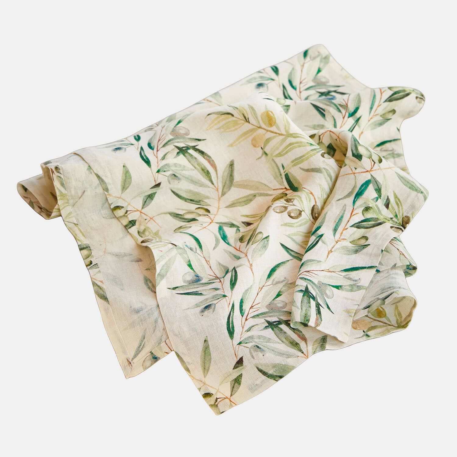 Chemin de table Nolaria Nappe en lin crème avec motif de feuilles vertes, décoration de table élégante et naturelle