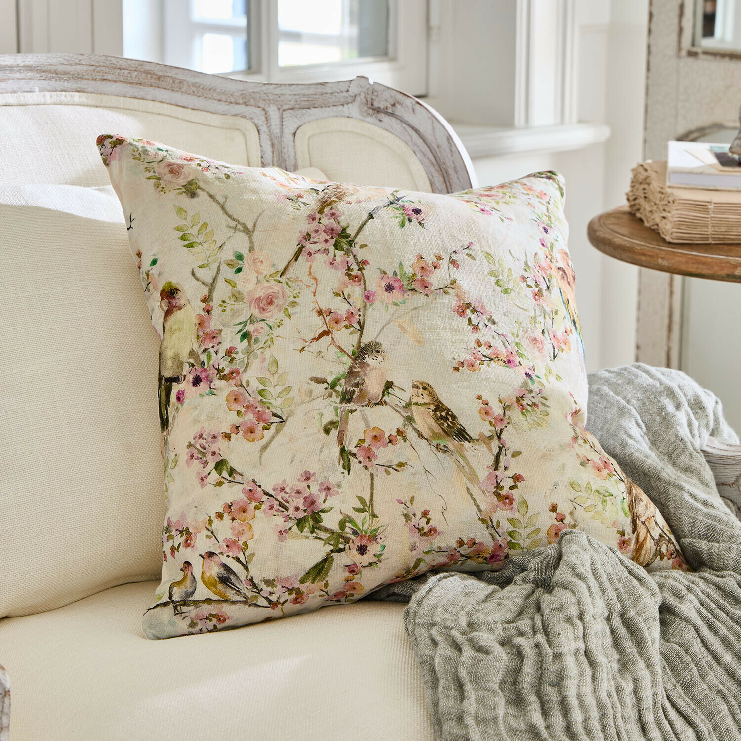 Housse de coussin Florémont Coussin décoratif en coton crème avec imprimé oiseaux et fleurs pour salon cosy
