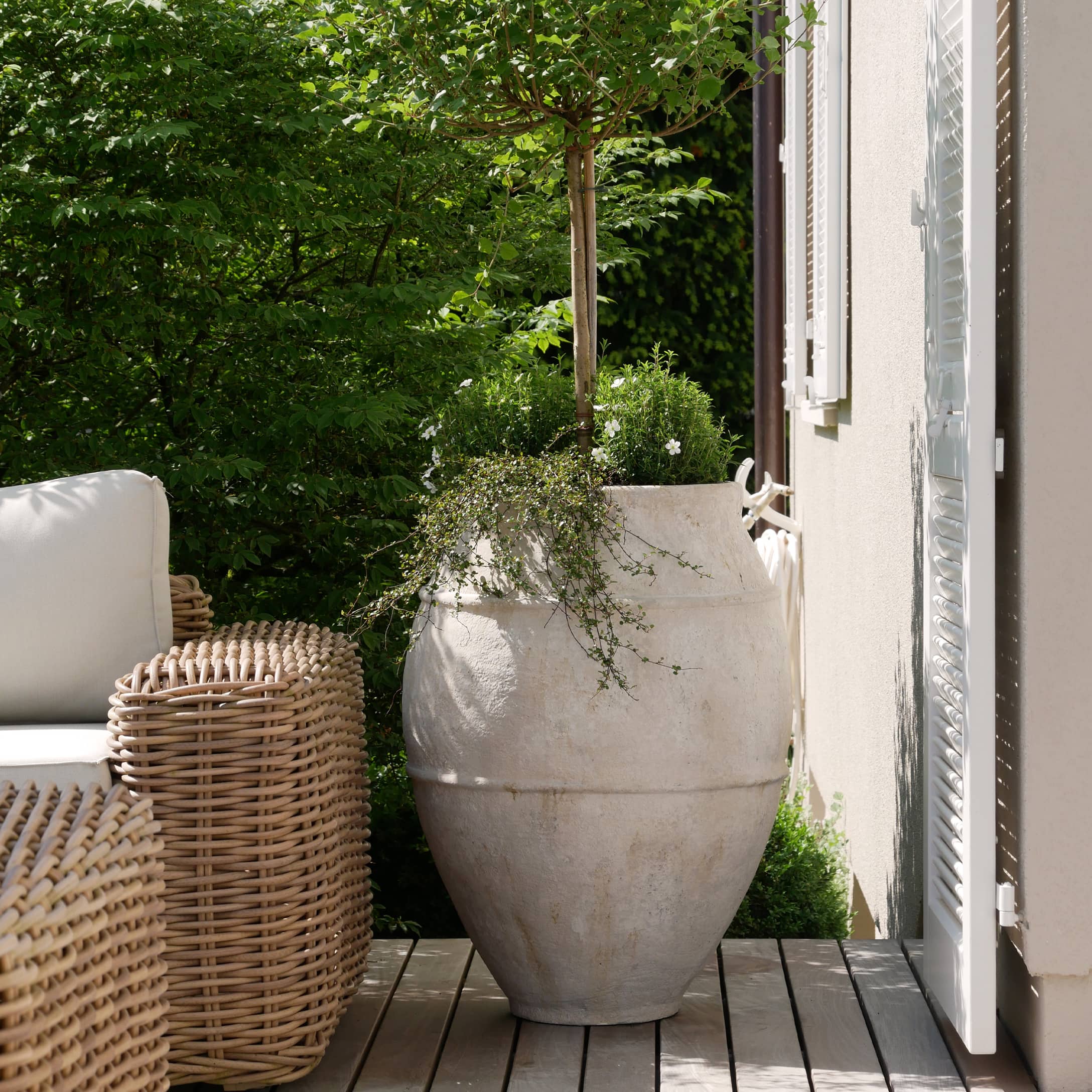 Grand pot en céramique blanc avec un arbre vert sur une terrasse à côté d'un fauteuil en osier