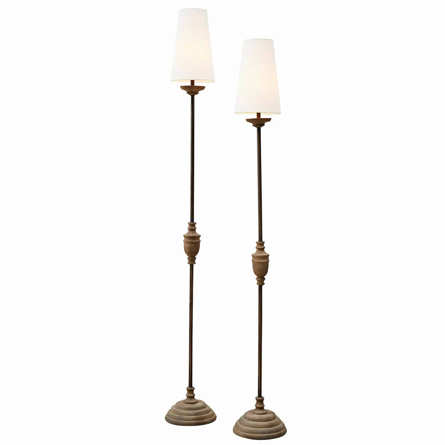 Lot de 2 lampadaires Abigail Paire de lampadaires hauts en métal et bois avec abat-jours blancs pour éclairage intérieur