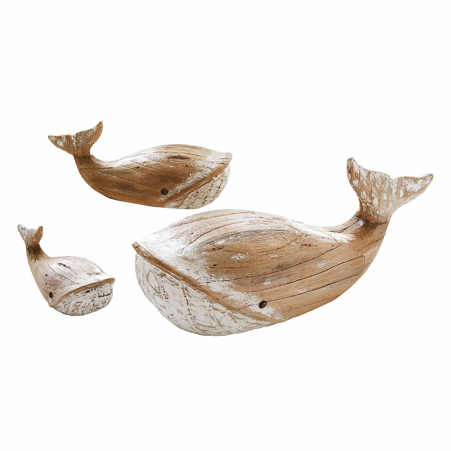 Lot de 3 baleines décoratives Breezie Ensemble de trois décorations baleines en bois naturel avec patine blanche, décoration intérieure tendance.