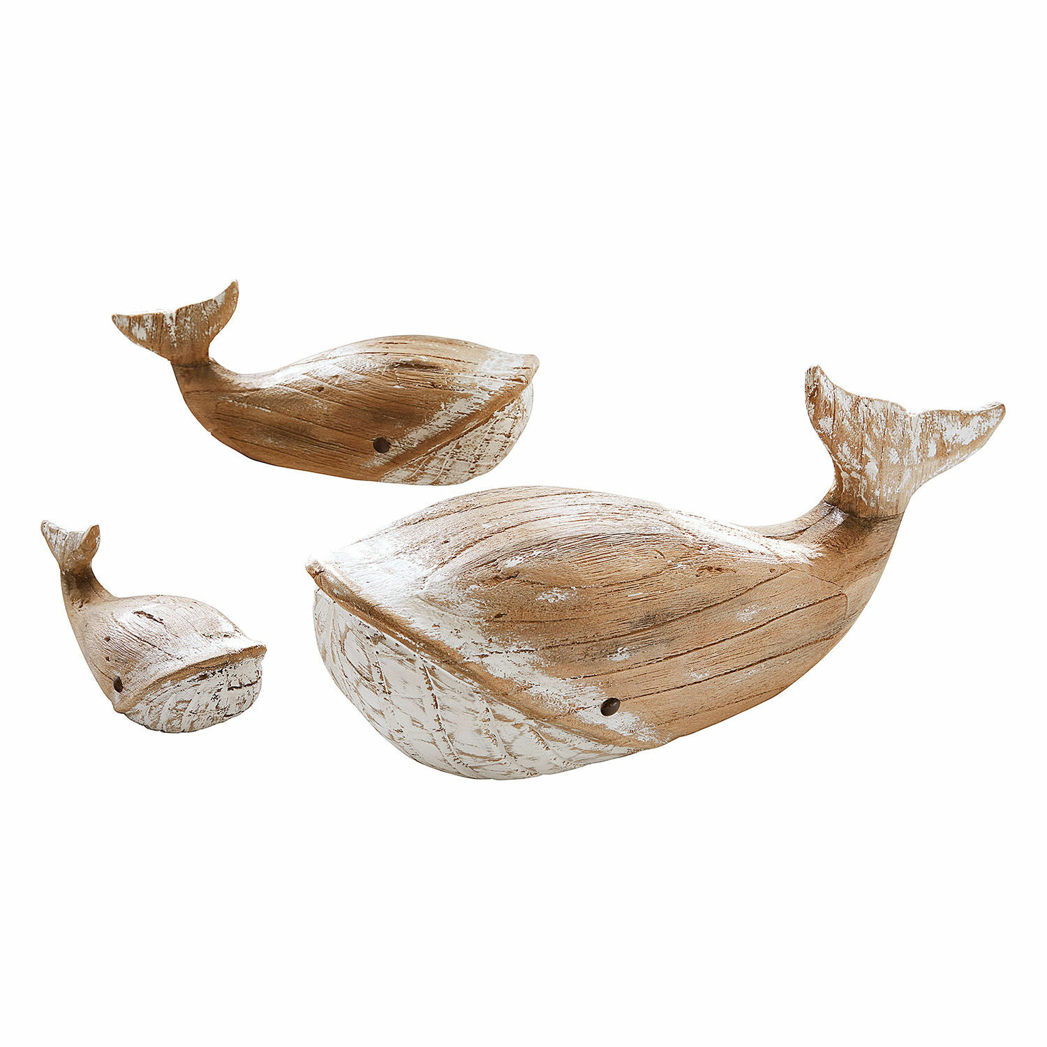 Lot de 3 baleines décoratives Breezie Ensemble de trois décorations baleines en bois naturel avec patine blanche, décoration intérieure tendance.