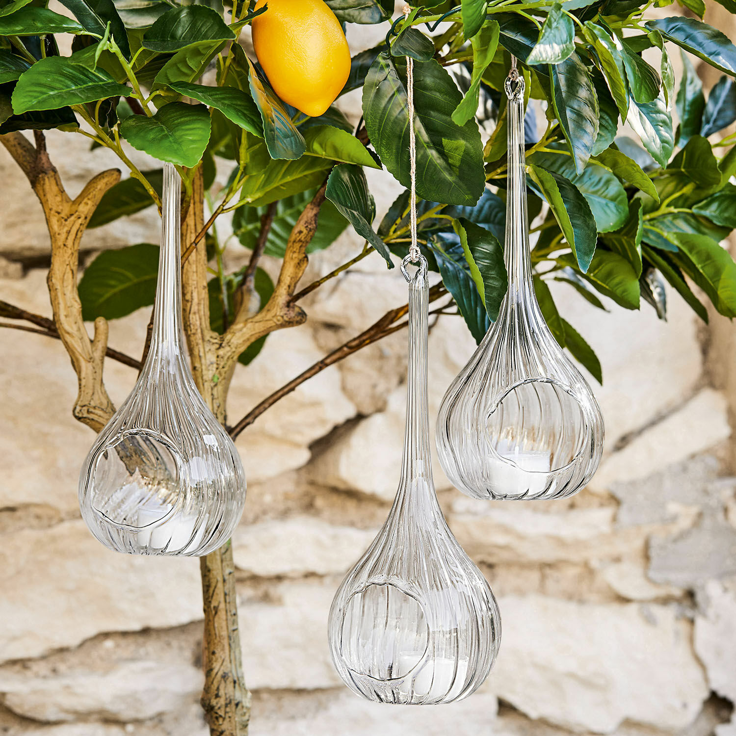 Lot de 3 photophores à suspendre Fairlie Lanterne en verre transparent suspendue à une branche avec feuilles vertes et citron jaune, décoration extérieure