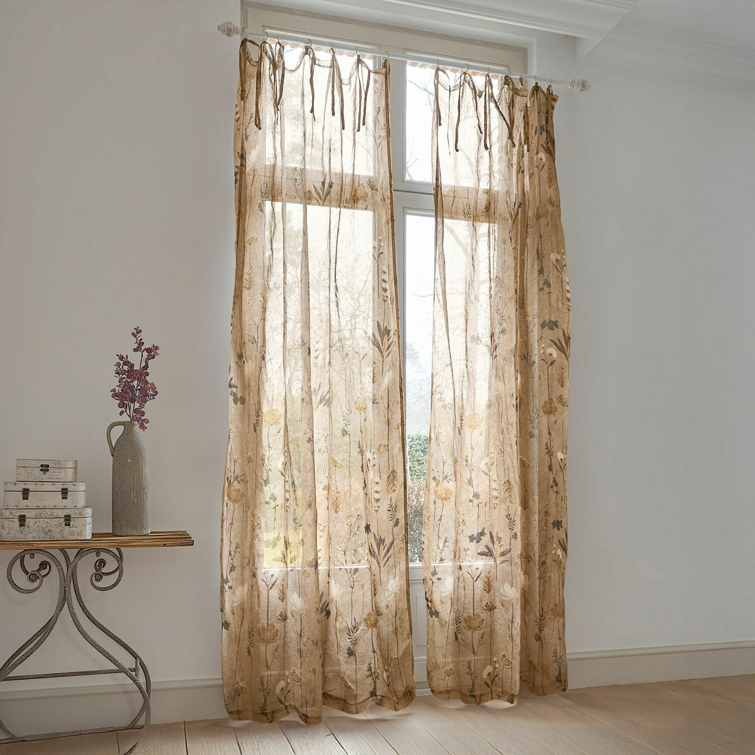 Voilage Norivelle Rideaux transparents en lin beige avec motif floral pour décoration de fenêtres élégante