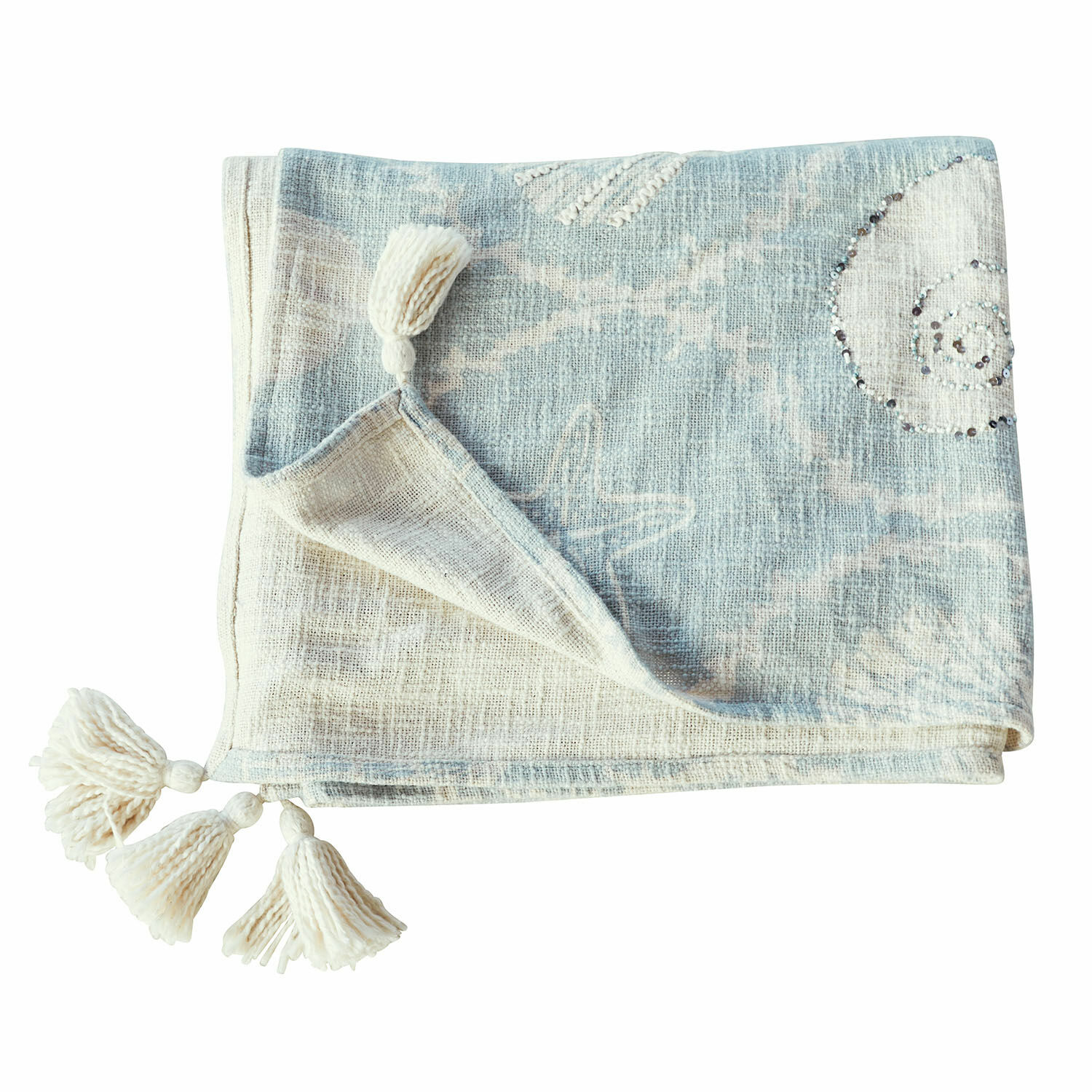 Plaid Calerand Plaid en coton bleu clair et crème avec pompons et motif coquillage pour décoration intérieure