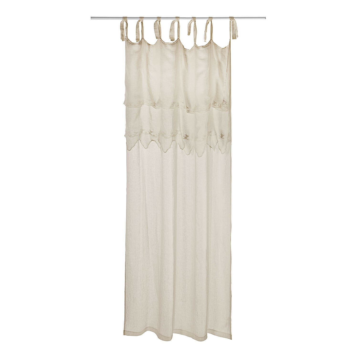 Voilage Melania Rideau beige en coton avec broderie décorative et liens pour suspension, style rustique