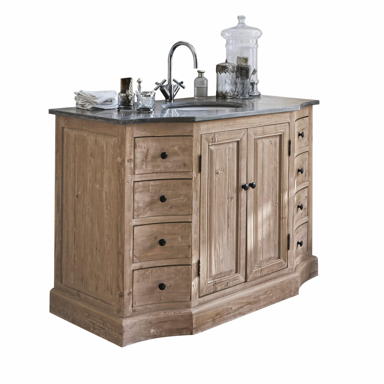 Meuble avec vasque Manaurie Meuble de salle de bain en bois naturel avec tiroirs et plan de travail en marbre gris