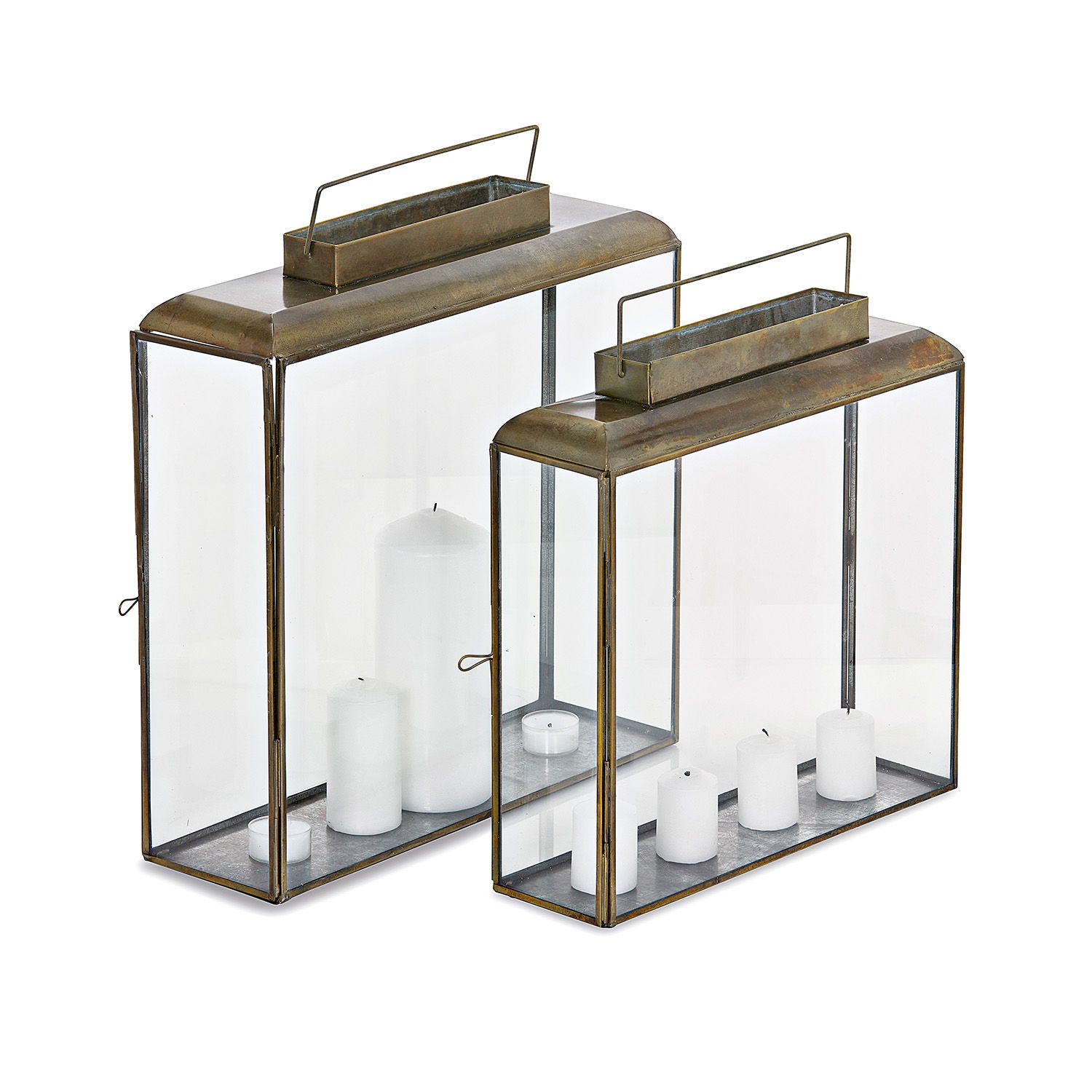 Lot de 2 lanternes Estrelle Ensemble de deux lanternes en métal avec poignées et bougies blanches à l'intérieur, décoration intérieure