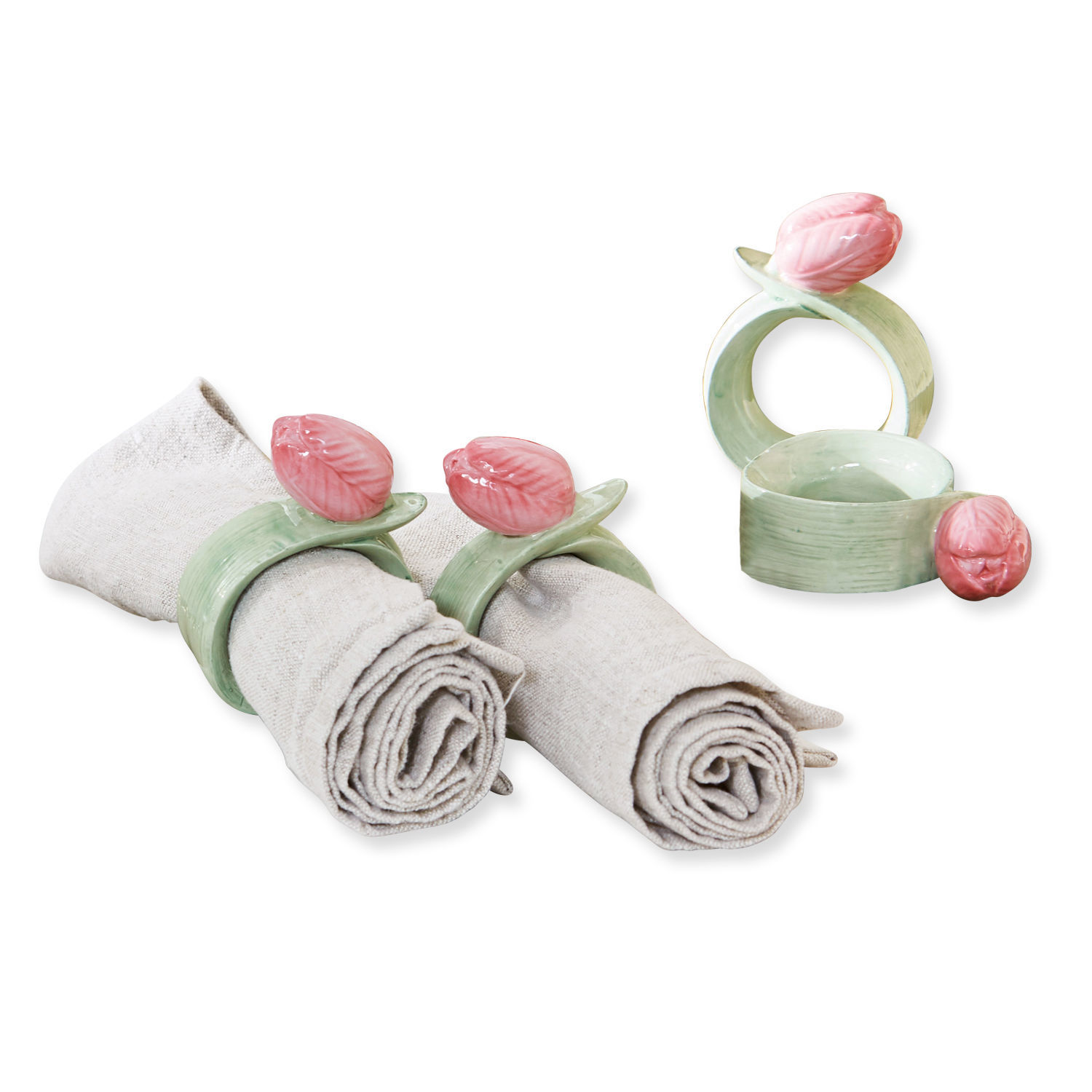 Lot de 4 ronds de serviettes Monique Ensemble d'anneaux à serviettes en céramique avec fleurs roses et feuilles vertes pour décoration de table