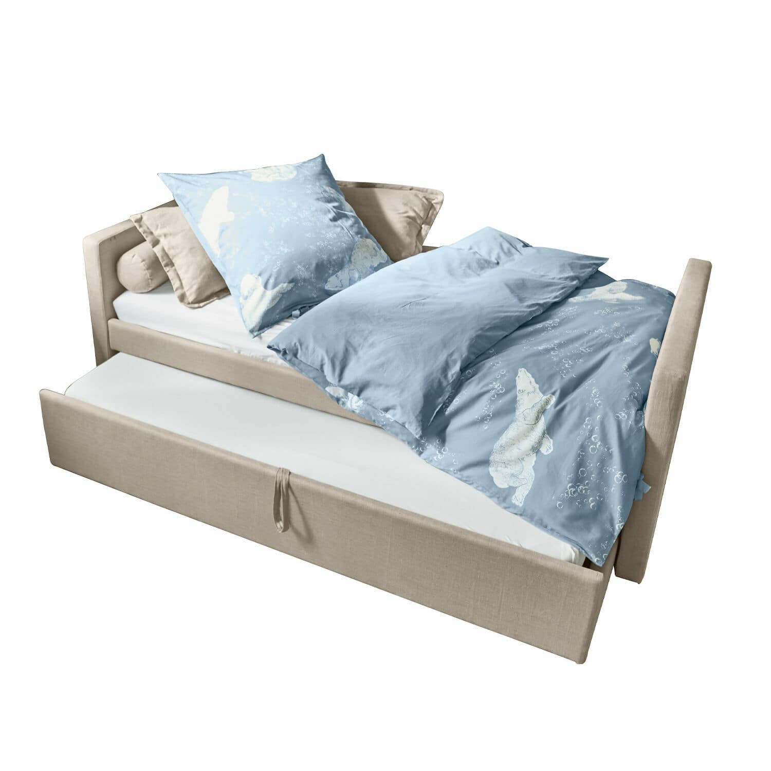 Lit Thistlewood Lit beige avec matelas gigogne et linge de lit bleu à motif ours polaire, tissu confortable