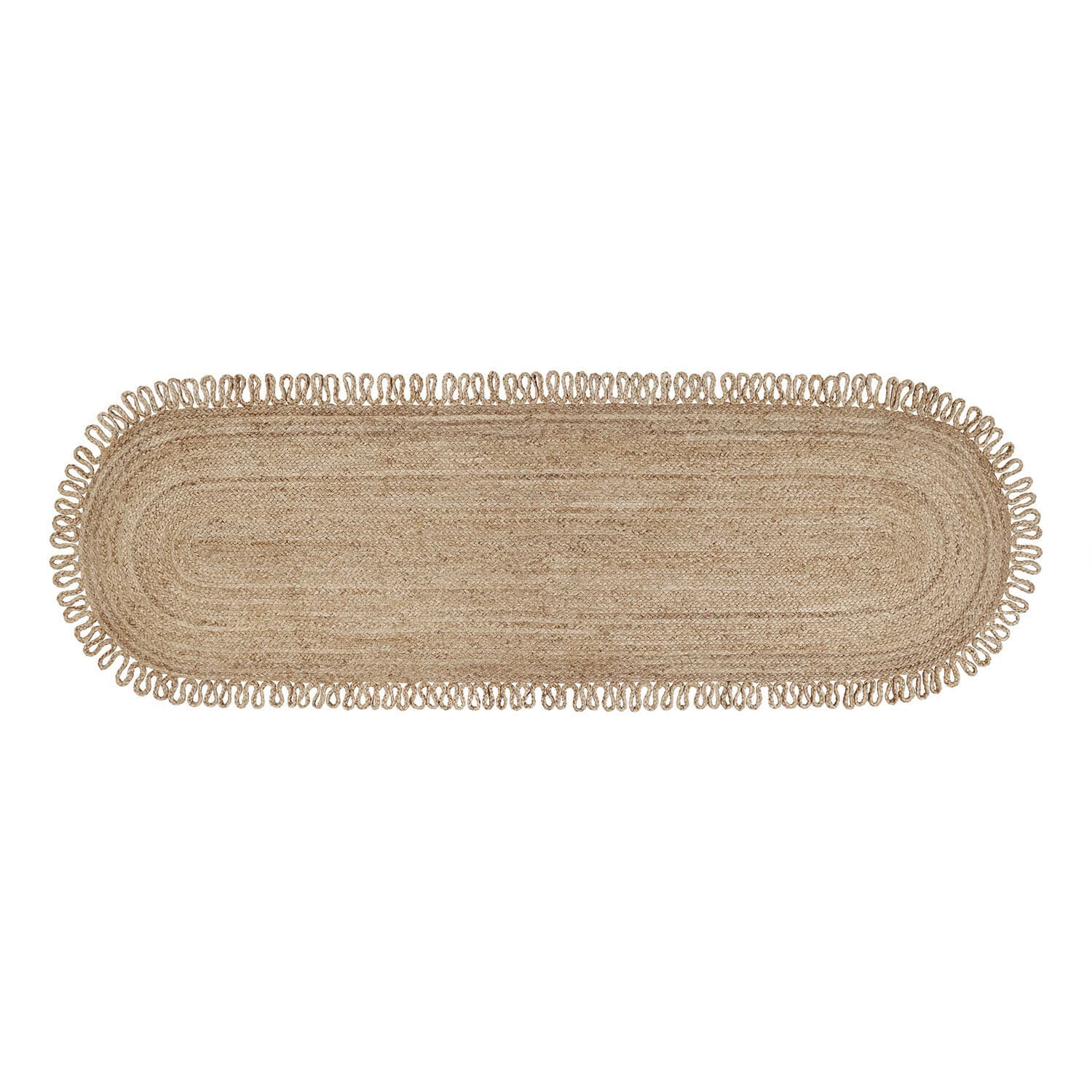 Tapis ovale en jute naturelle beige avec bordure en boucles décoratives, tapis de sol écologique