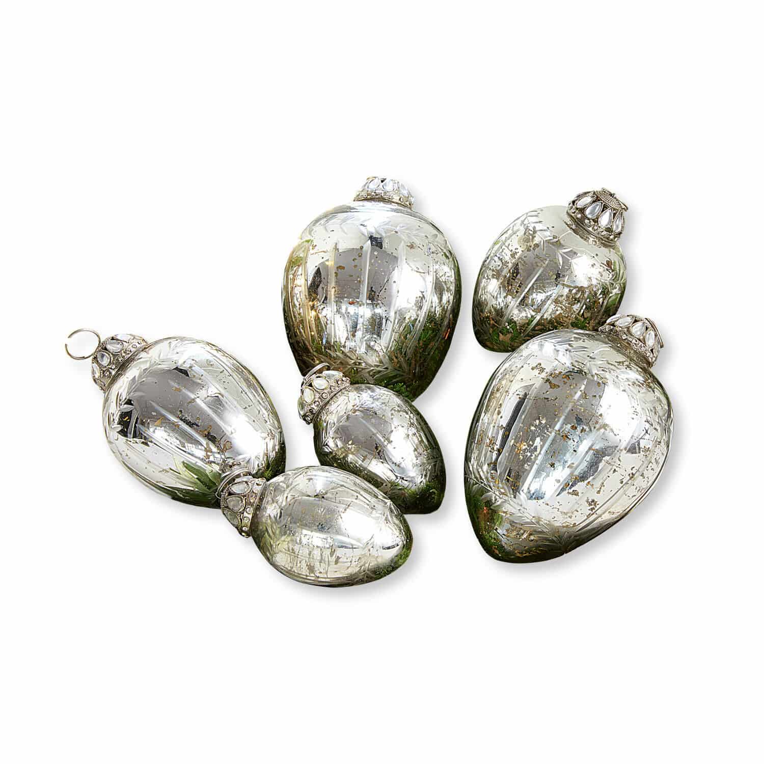 Lot de 6 œufs de Pâques Lacul Ensemble de six décorations de Noël en verre argenté avec surface vieillie et crochets décoratifs