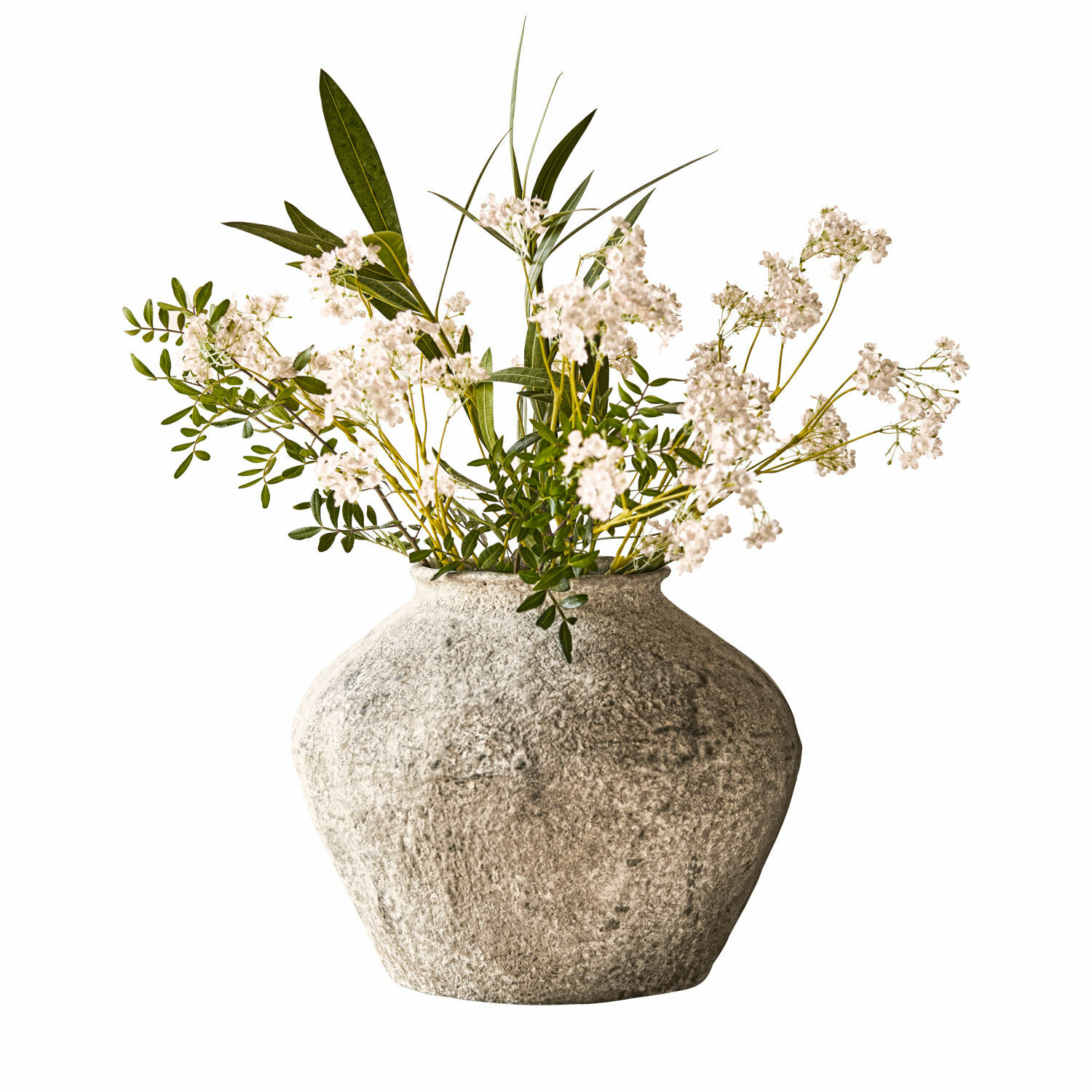 Vase Champs Vase décoratif en pierre grise avec fleurs blanches et feuilles vertes pour décoration intérieure