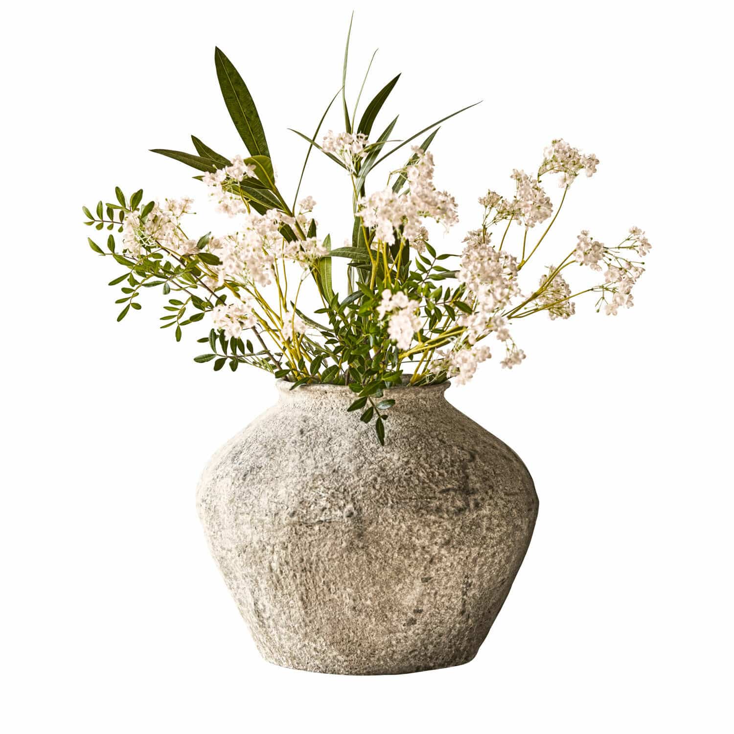 Vase Champs Vase décoratif en pierre grise avec fleurs blanches et feuilles vertes pour décoration intérieure