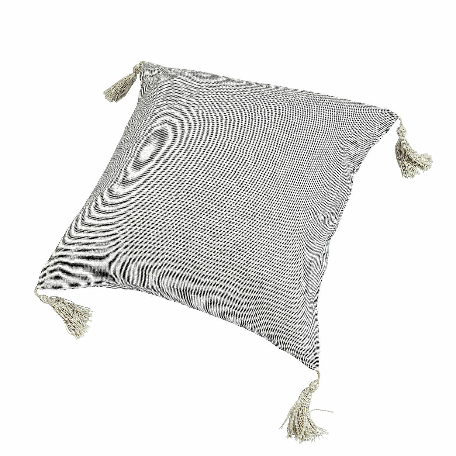 Housse de coussin Loubna Coussin décoratif gris en coton avec pompons aux coins pour salon et chambre