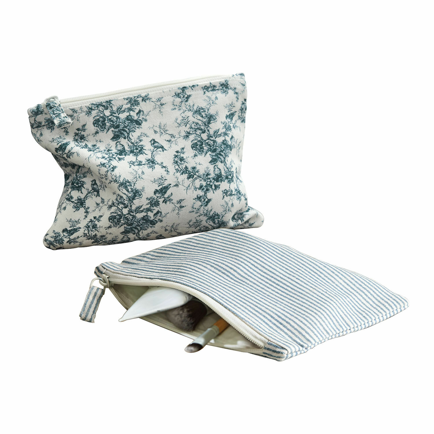 Lot de 2 pochettes Emilie Deux trousses en coton avec motifs rayés et floraux bleu et blanc pour rangement maquillage