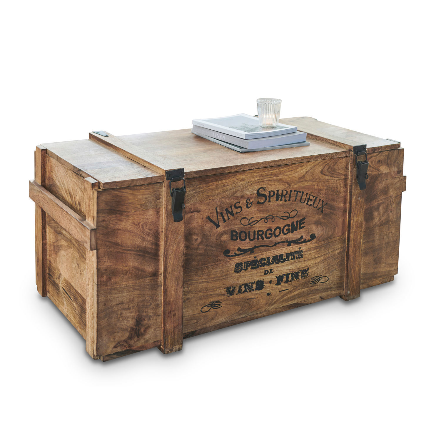 Caisse en bois Eskeny Caisse en bois décorative avec fermetures métalliques et inscription française, couleur bois naturel