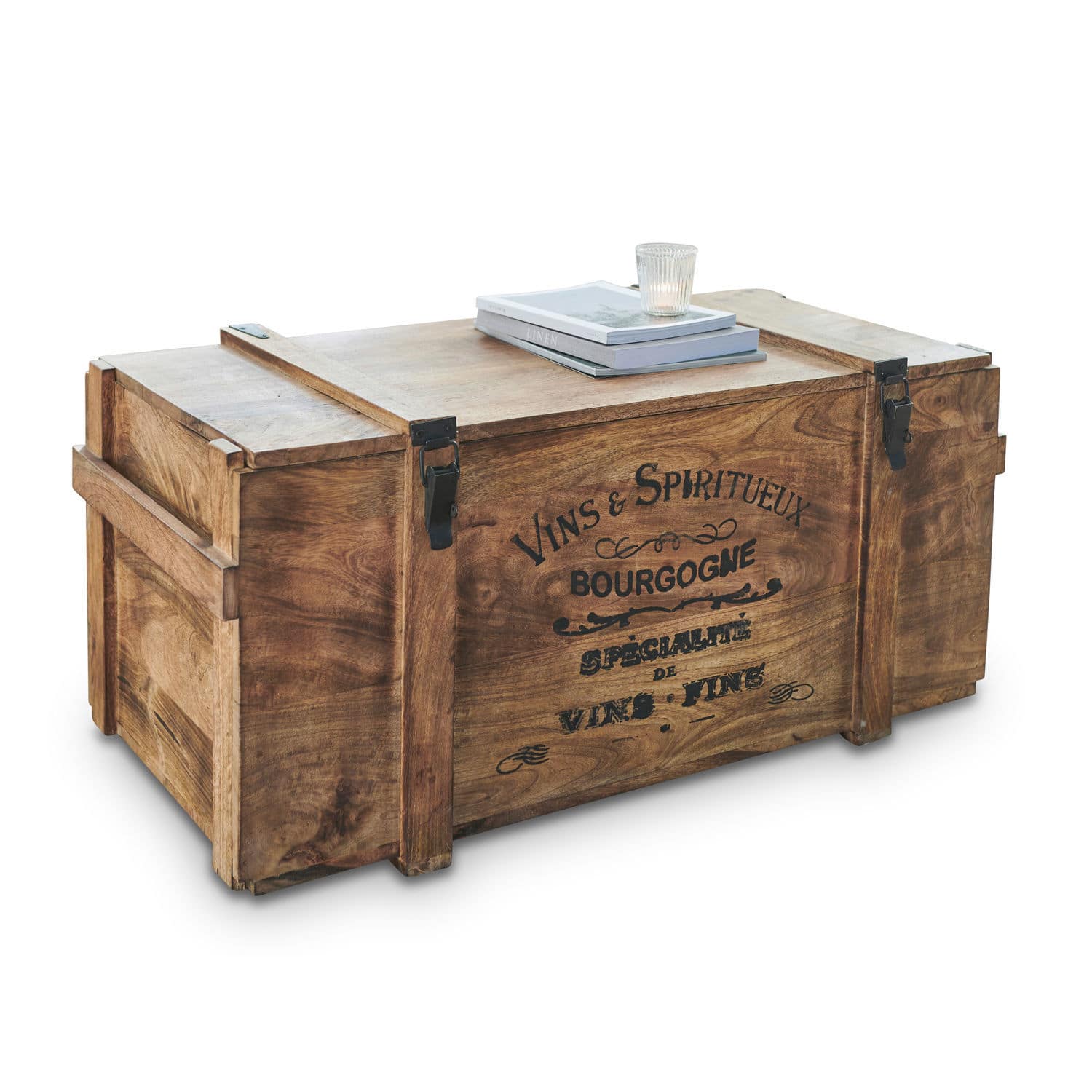 Caisse en bois Eskeny Caisse en bois décorative avec fermetures métalliques et inscription française, couleur bois naturel