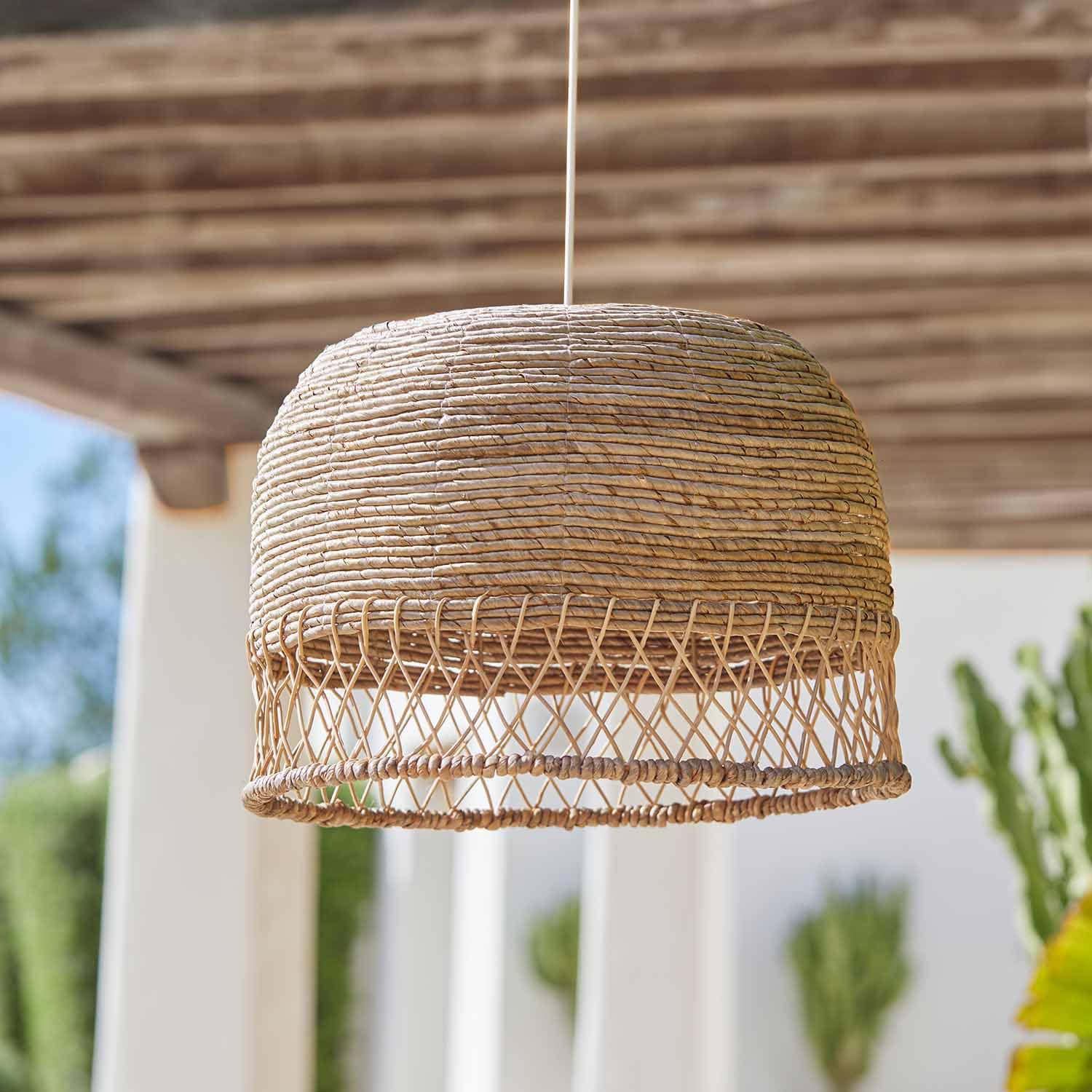 Abat-jour suspendu en rotin naturel beige, lampe décorative pour intérieur et terrasse