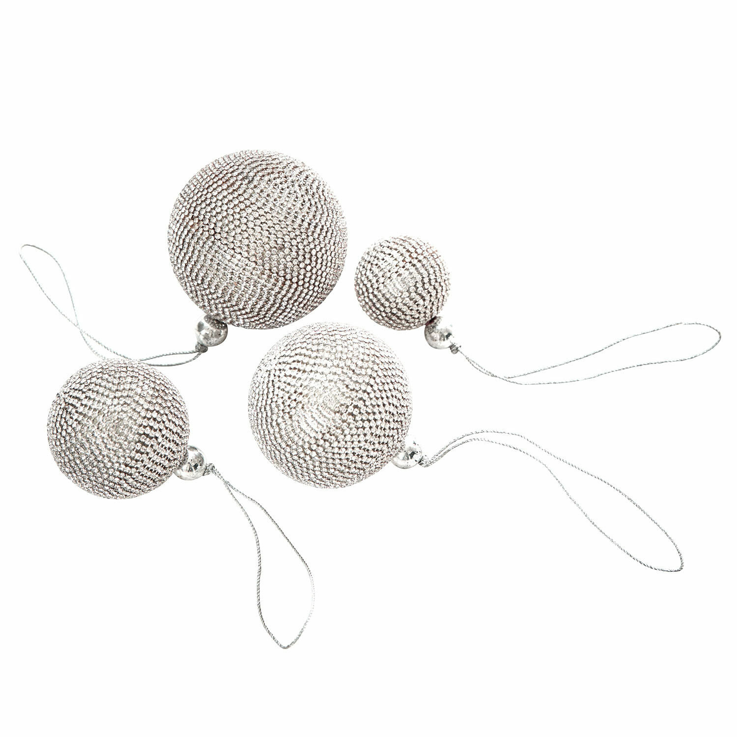 Set de 4 boules de Noël Varnor Ensemble de quatre boules de Noël argentées avec paillettes brillantes et attaches pour suspension