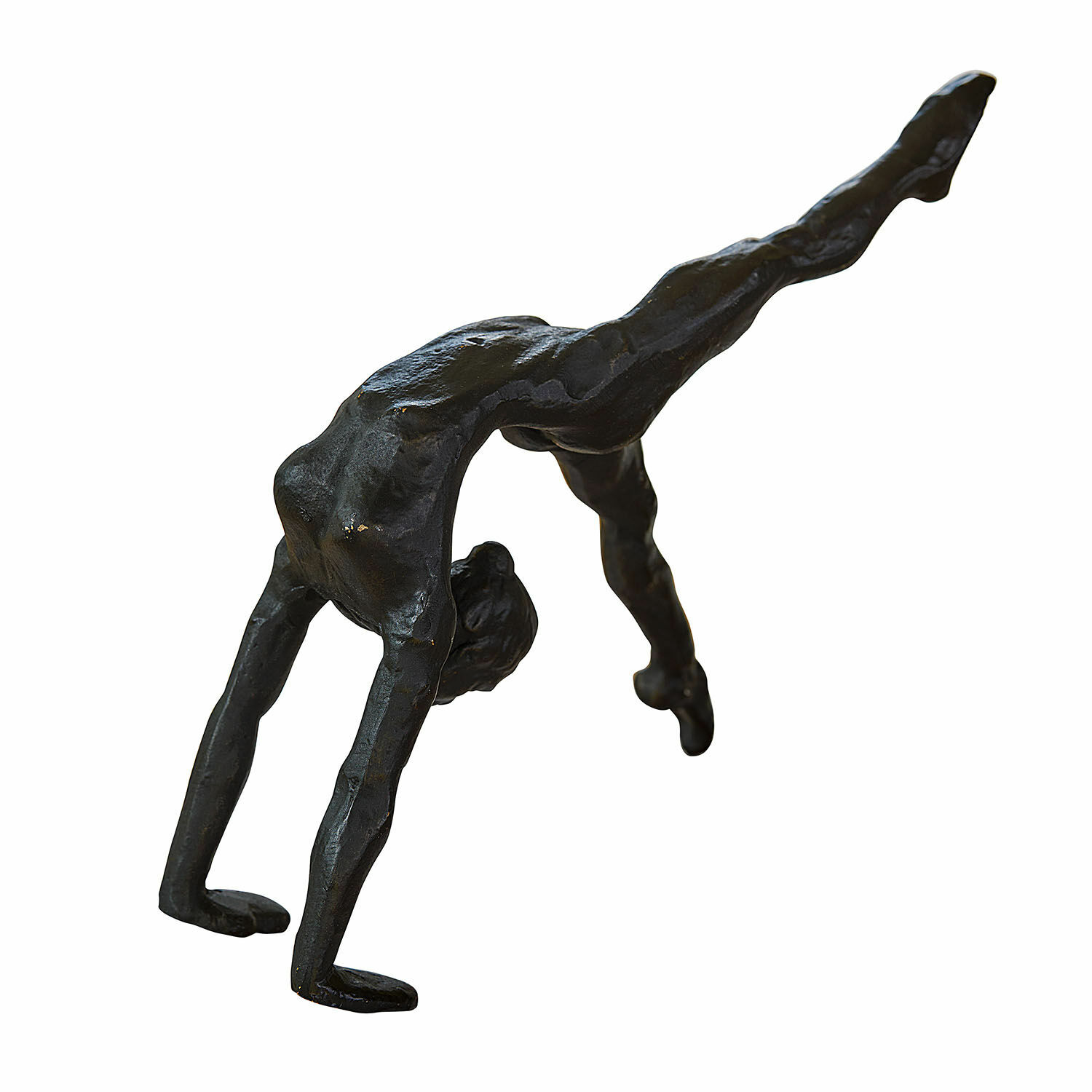 Statuette Zayrah Sculpture noire en métal d'une figure en position de gymnastique sur les mains
