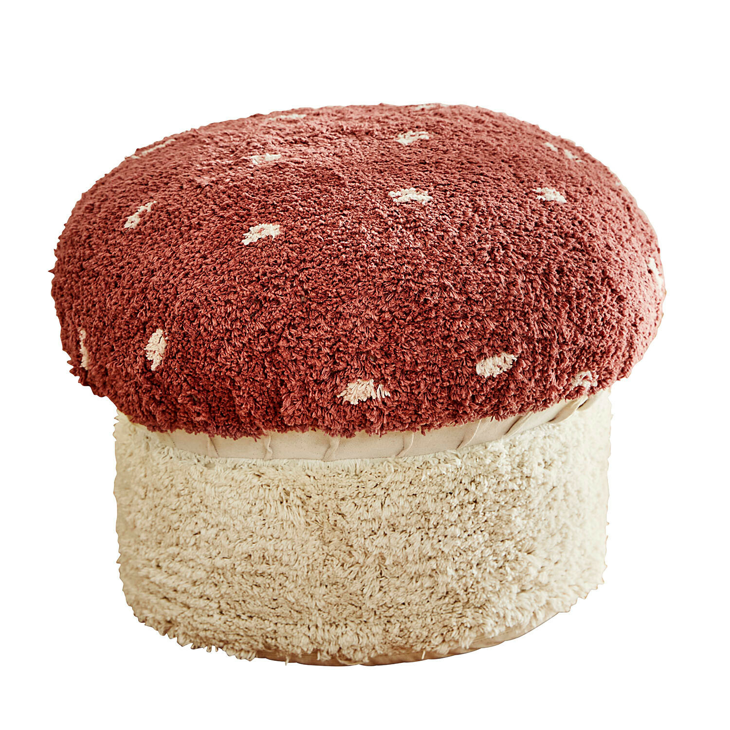 Tabouret Norilie Pouf en forme de champignon en tissu doux rouge et crème, meuble décoratif pour salon confortable