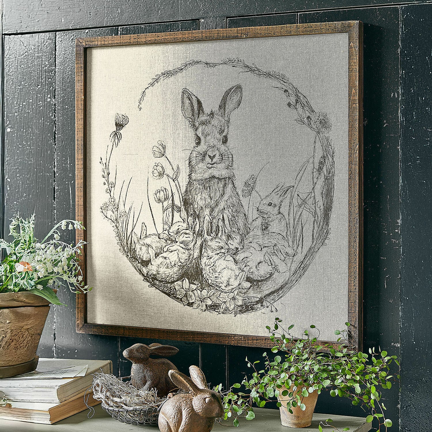 Tableau Orolac Tableau avec dessin de lapins et fleurs dans un cadre en bois, décoration murale rustique