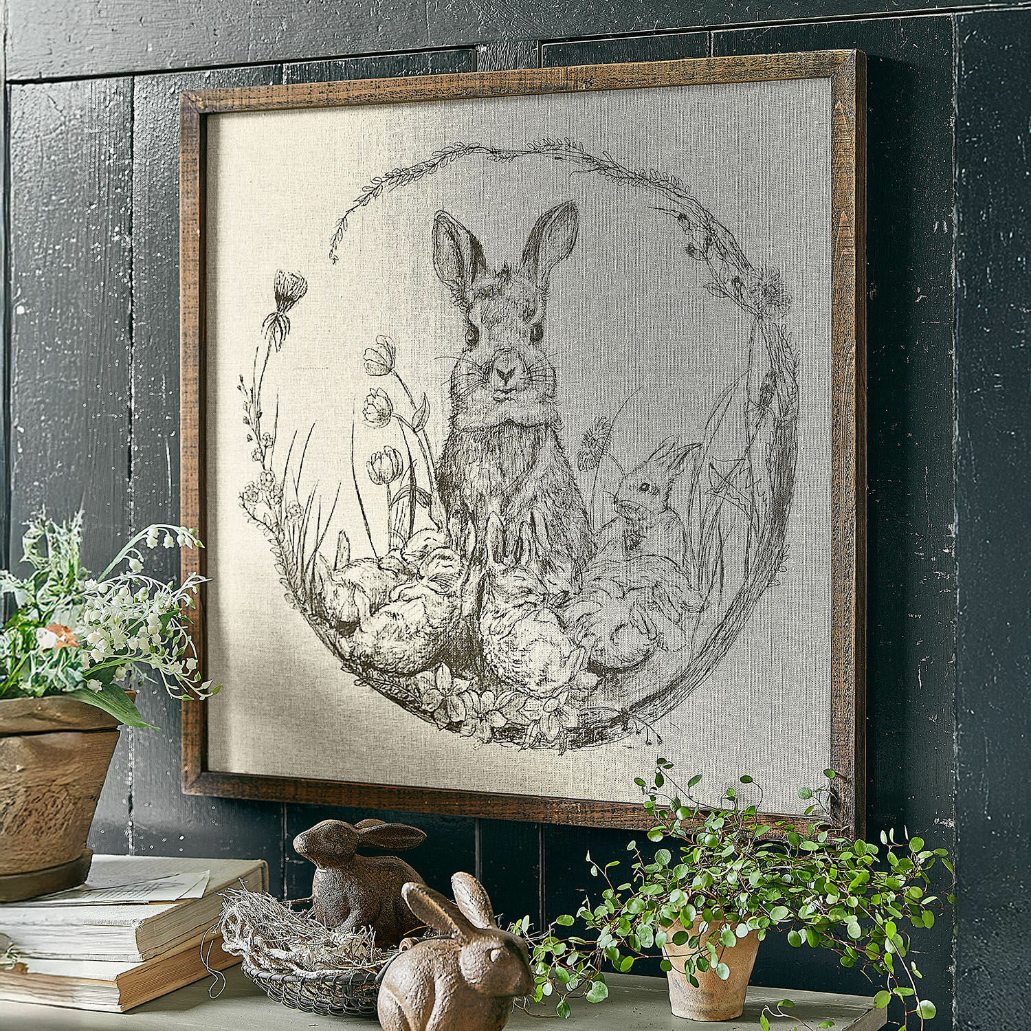 Tableau Orolac Tableau avec dessin de lapins et fleurs dans un cadre en bois, décoration murale rustique