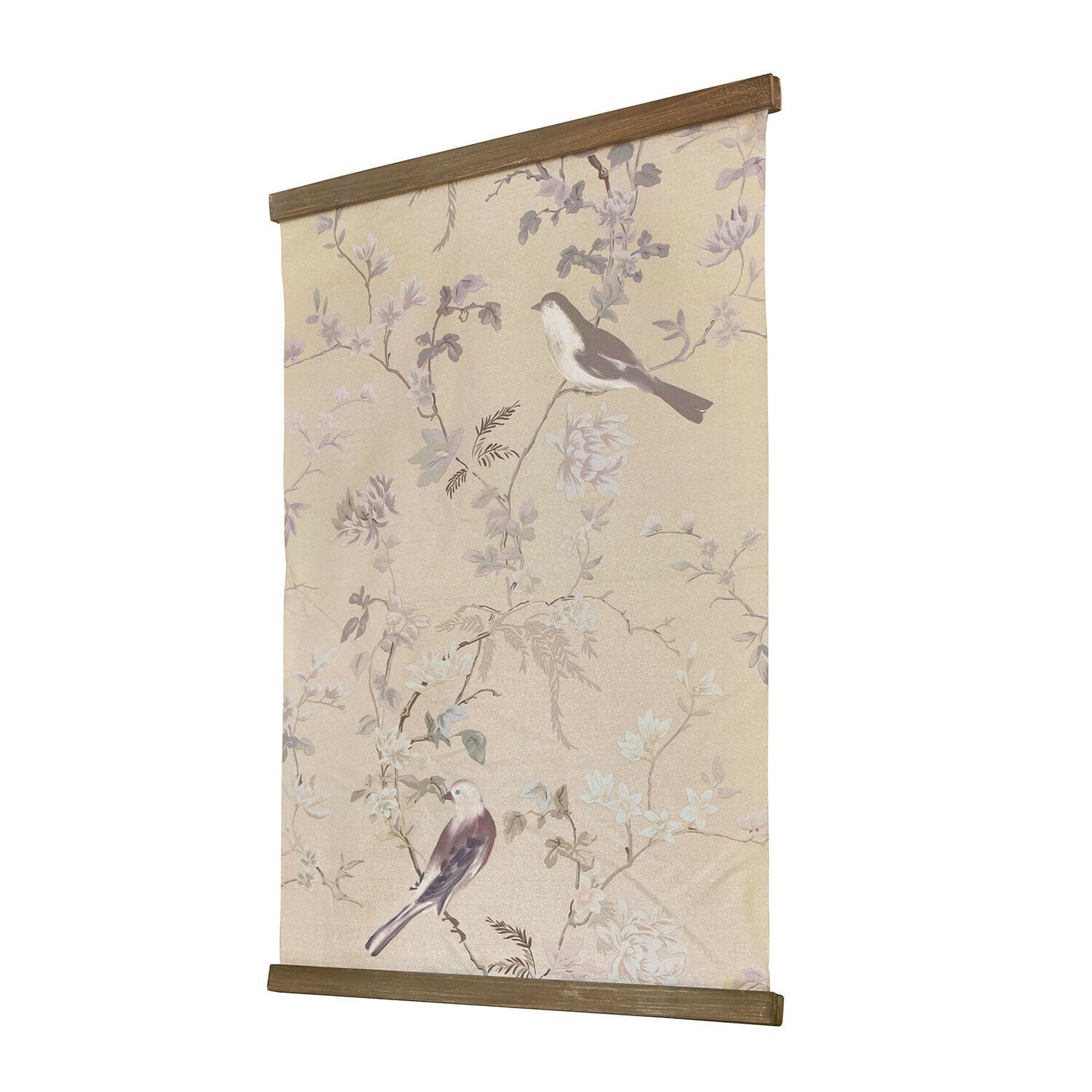 Tableau Florémont Panneau mural décoratif en tissu beige avec motif d'oiseaux et fleurs, encadrement en bois