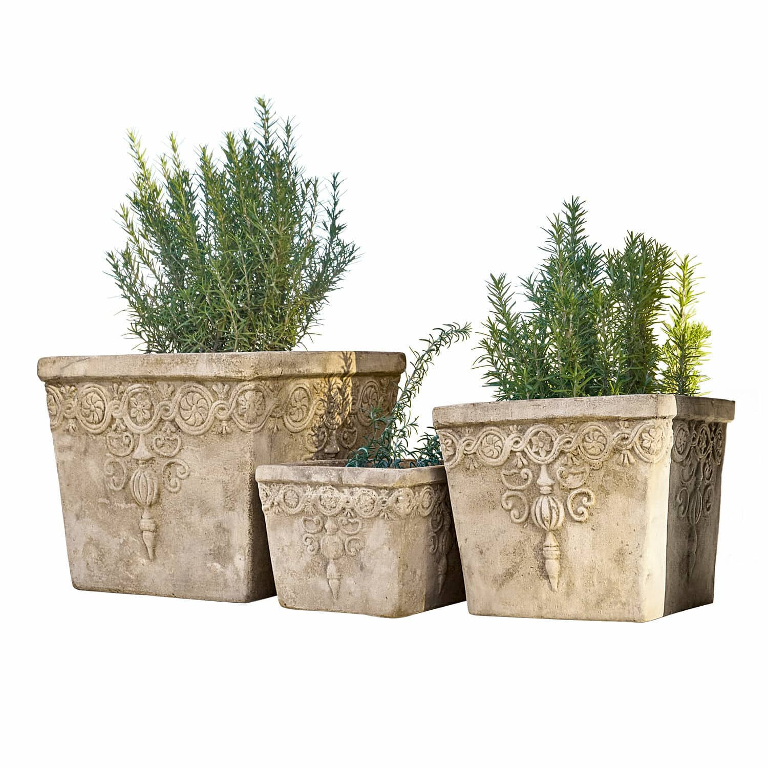 Lot de 3 cache-pots Bissone Ensemble de trois pots décoratifs en béton beige avec plantes vertes pour jardin extérieur