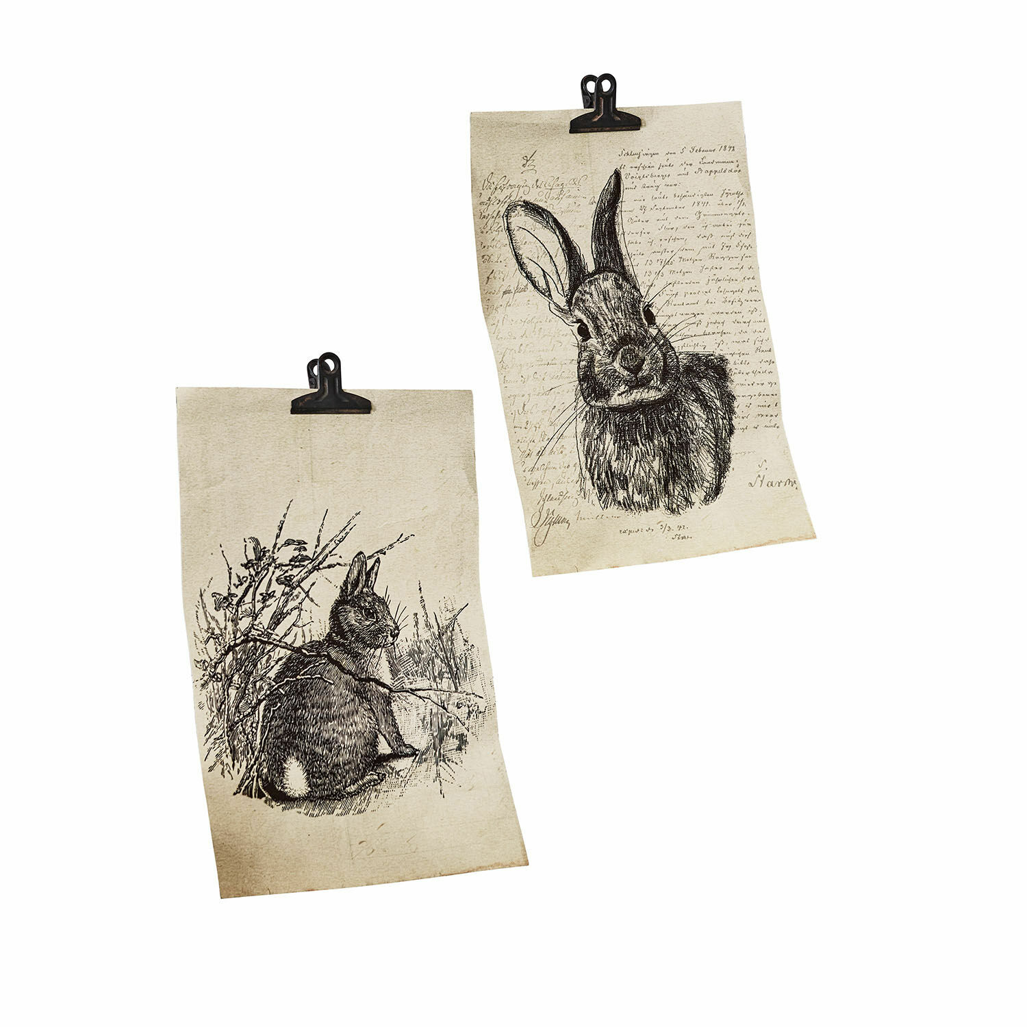 Lot de 2 tableaux Meursault Deux affiches décoratives avec dessins de lapins en noir et blanc sur fond beige avec pinces