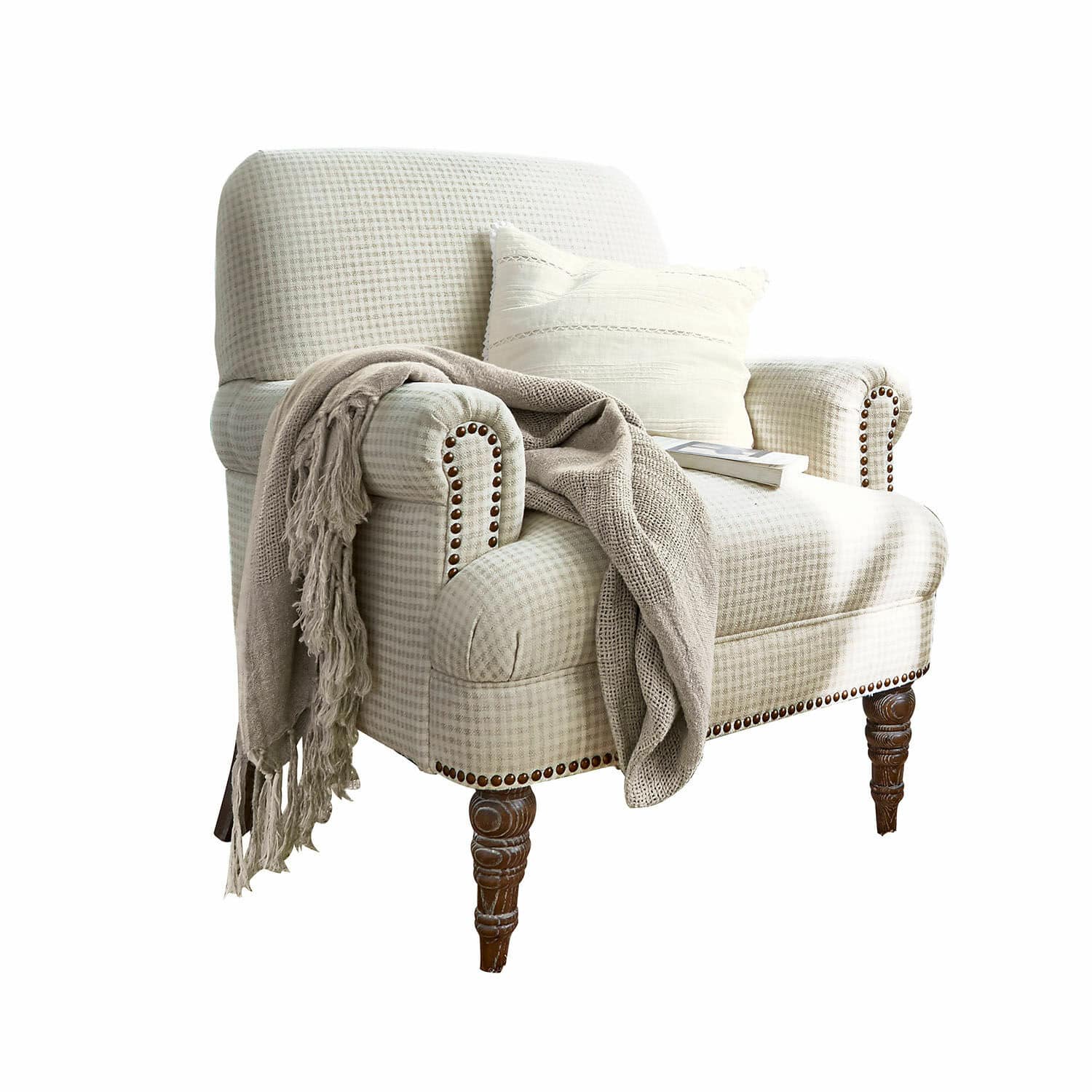 Fauteuil Danvers Fauteuil beige à carreaux avec pieds en bois et plaid décoratif pour salon cosy