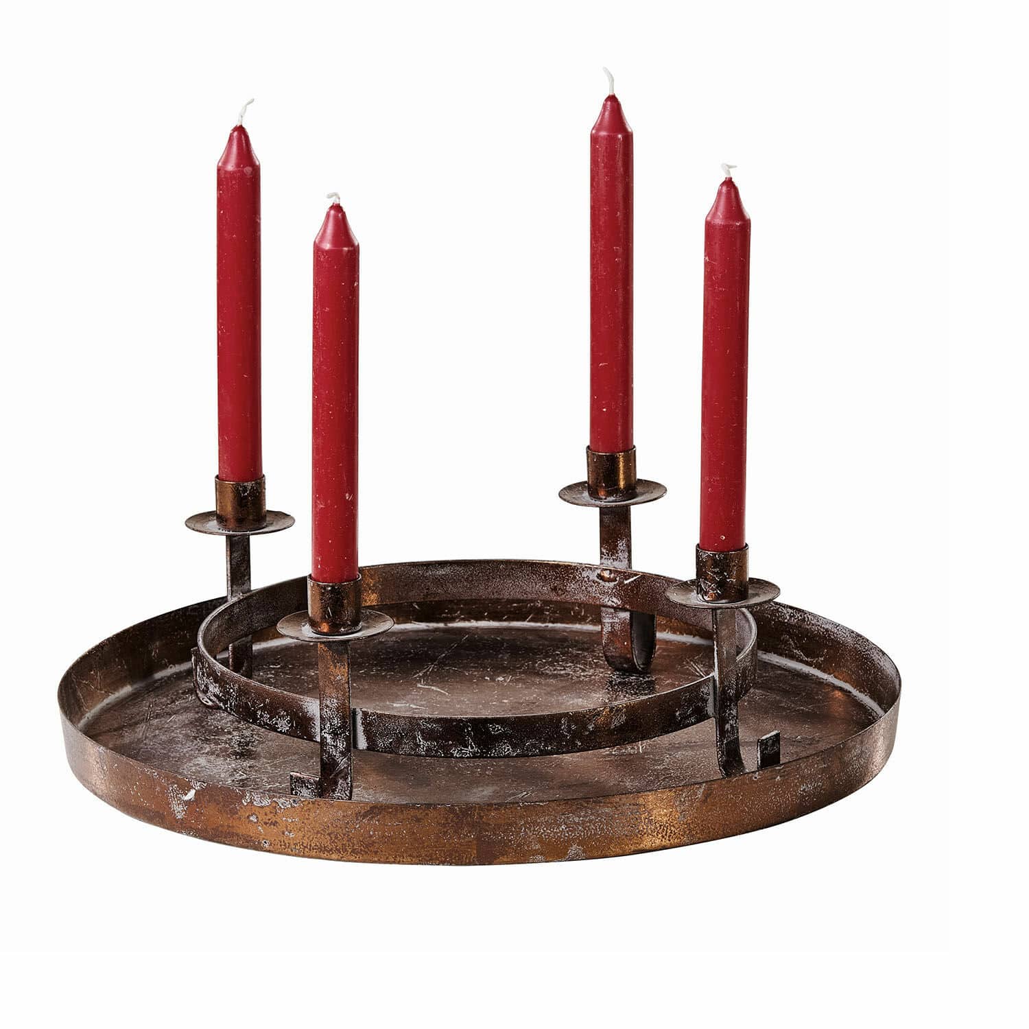 Bougeoir rond en métal avec quatre bougies rouges, décoration rustique pour intérieur chaleureux