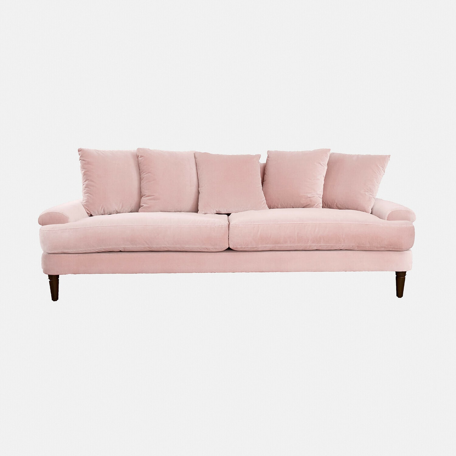 Canapé Rivermere Canapé rose en velours doux avec cinq coussins et pieds en bois pour salon élégant