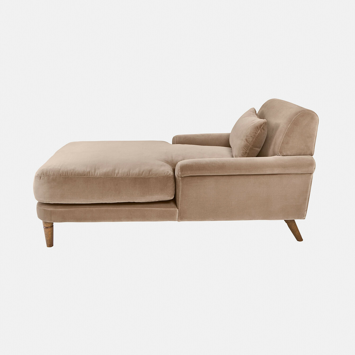 beige Chaise longue beige en tissu doux avec coussin et pieds en bois pour un confort élégant
